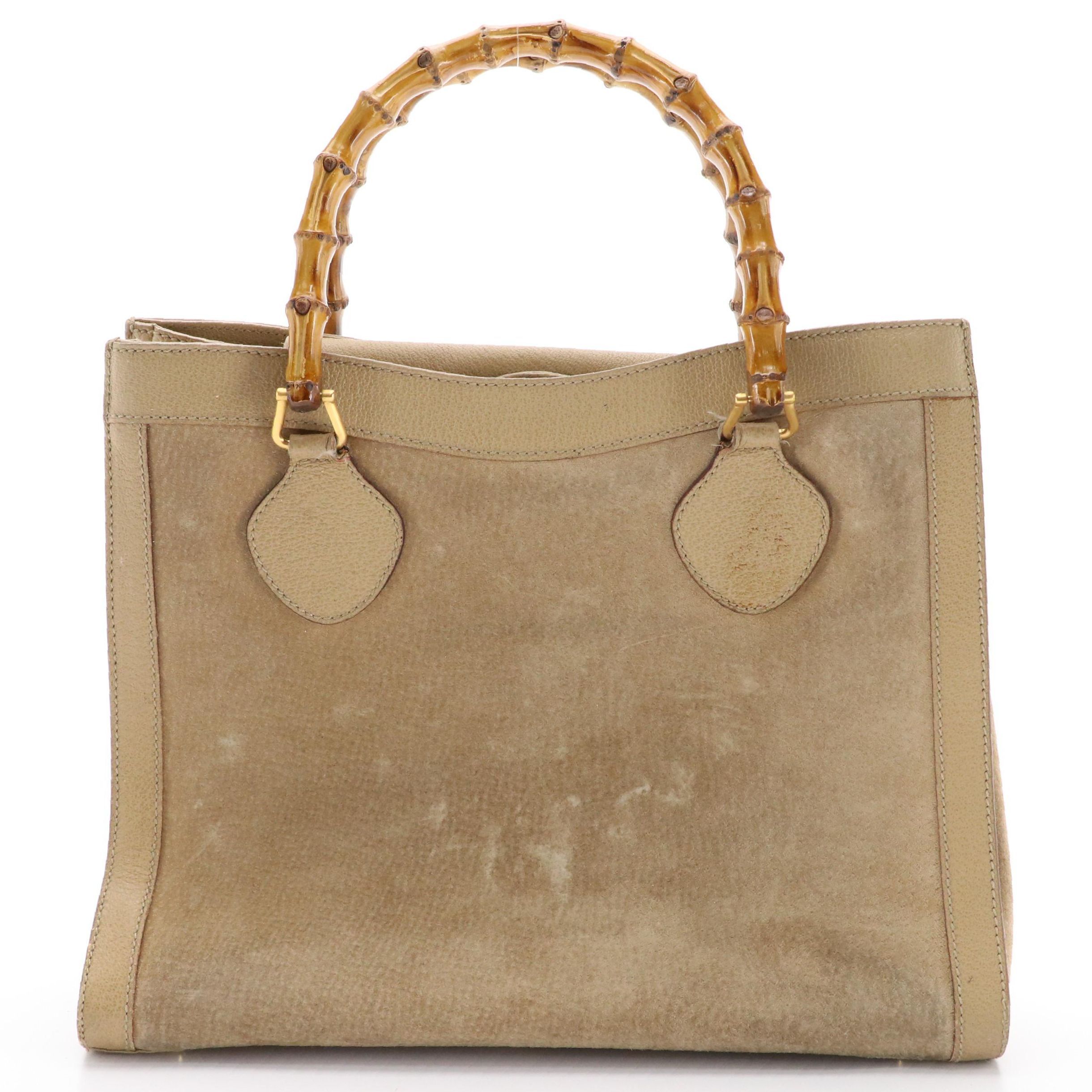 Gucci Diana Bamboo Handle Tote in Beige Suede and Cinghiale Leather