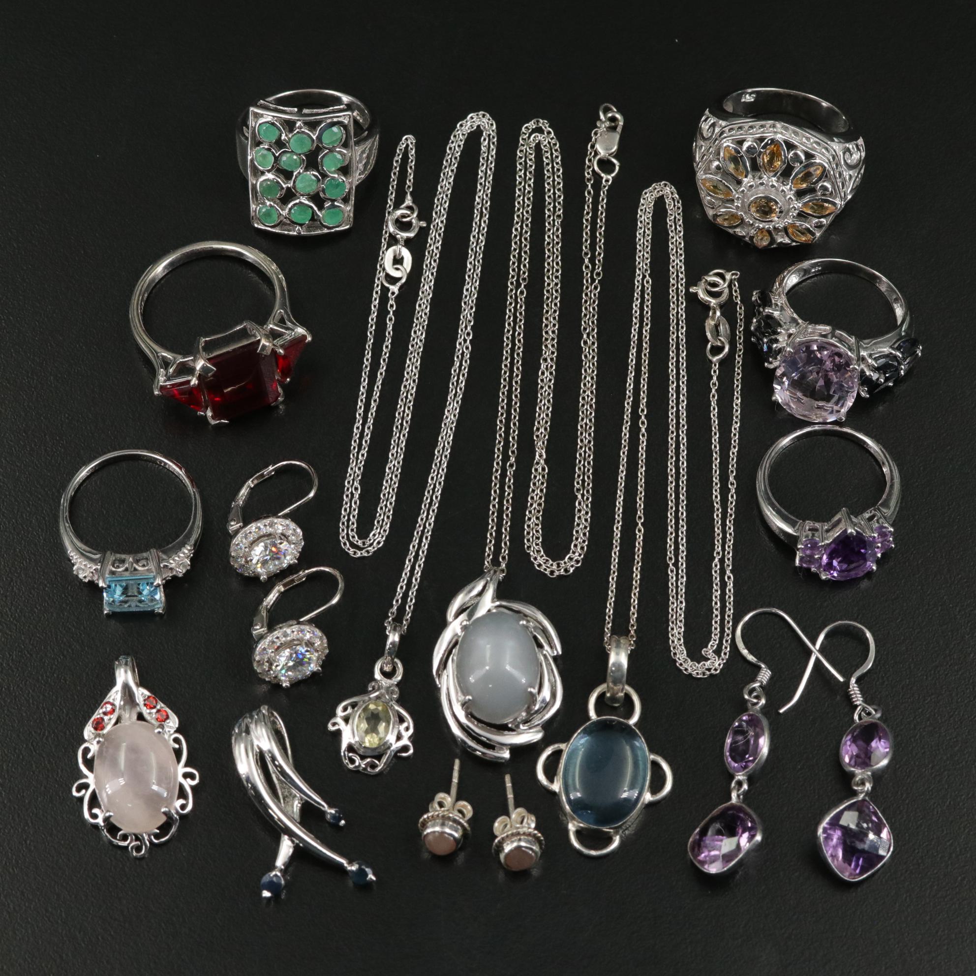 Group of 14 Assorted Sterling Silver Rings, Necklaces, Earrings, and Pendants