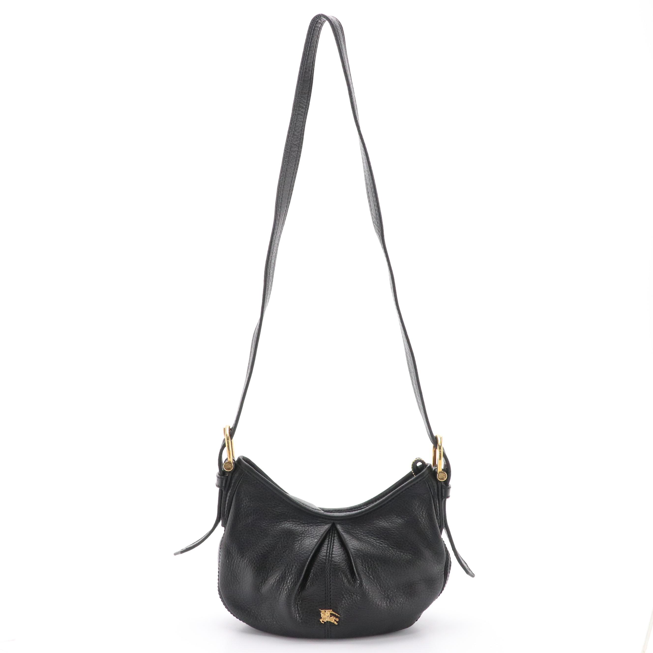 Burberry Half Moon Pleated Shoulder Bag in Black Grained Leather