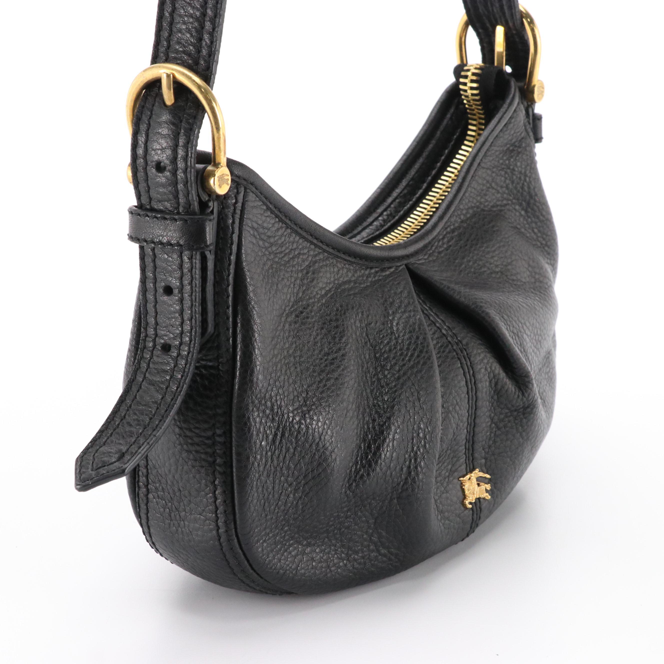 Burberry Half Moon Pleated Shoulder Bag in Black Grained Leather