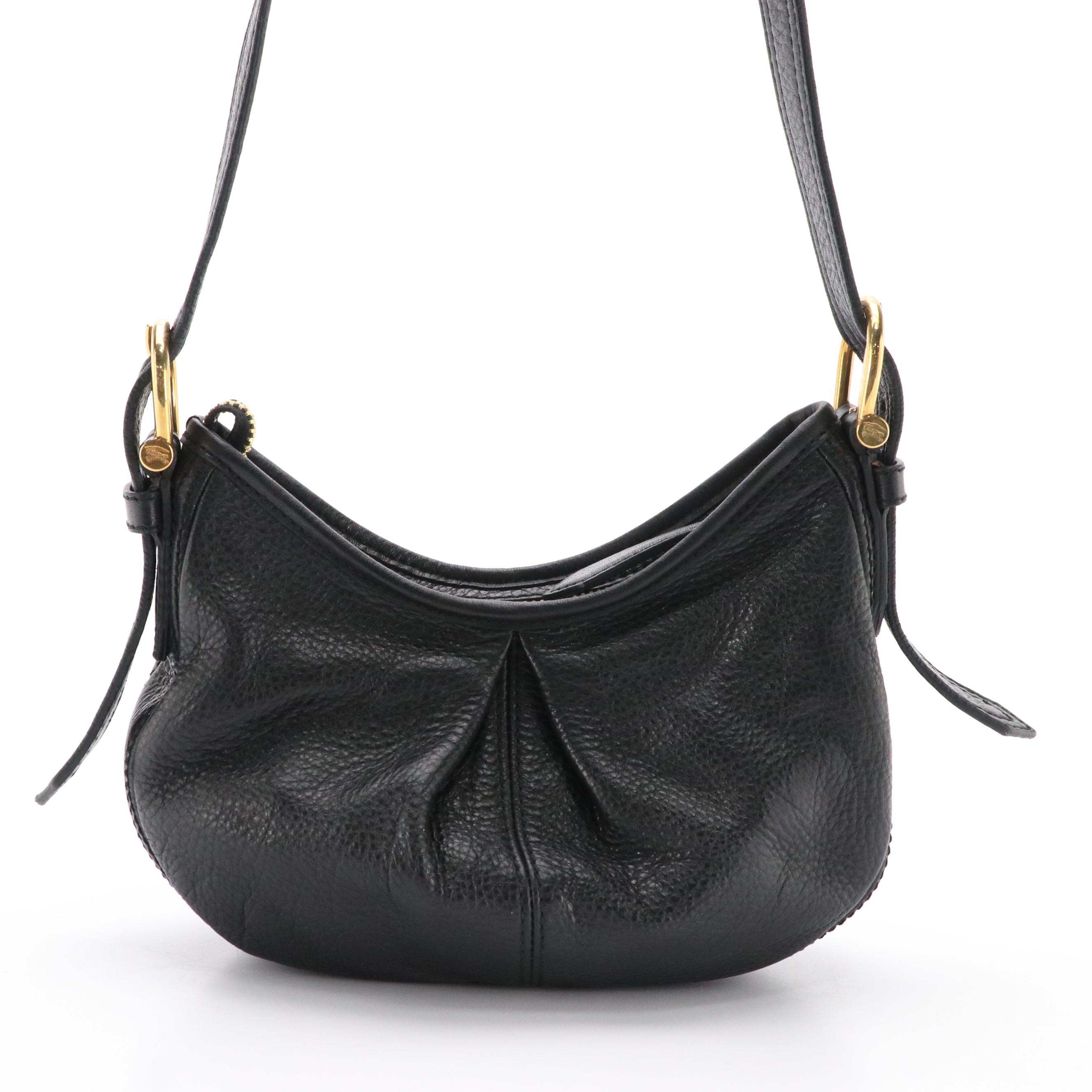 Burberry Half Moon Pleated Shoulder Bag in Black Grained Leather
