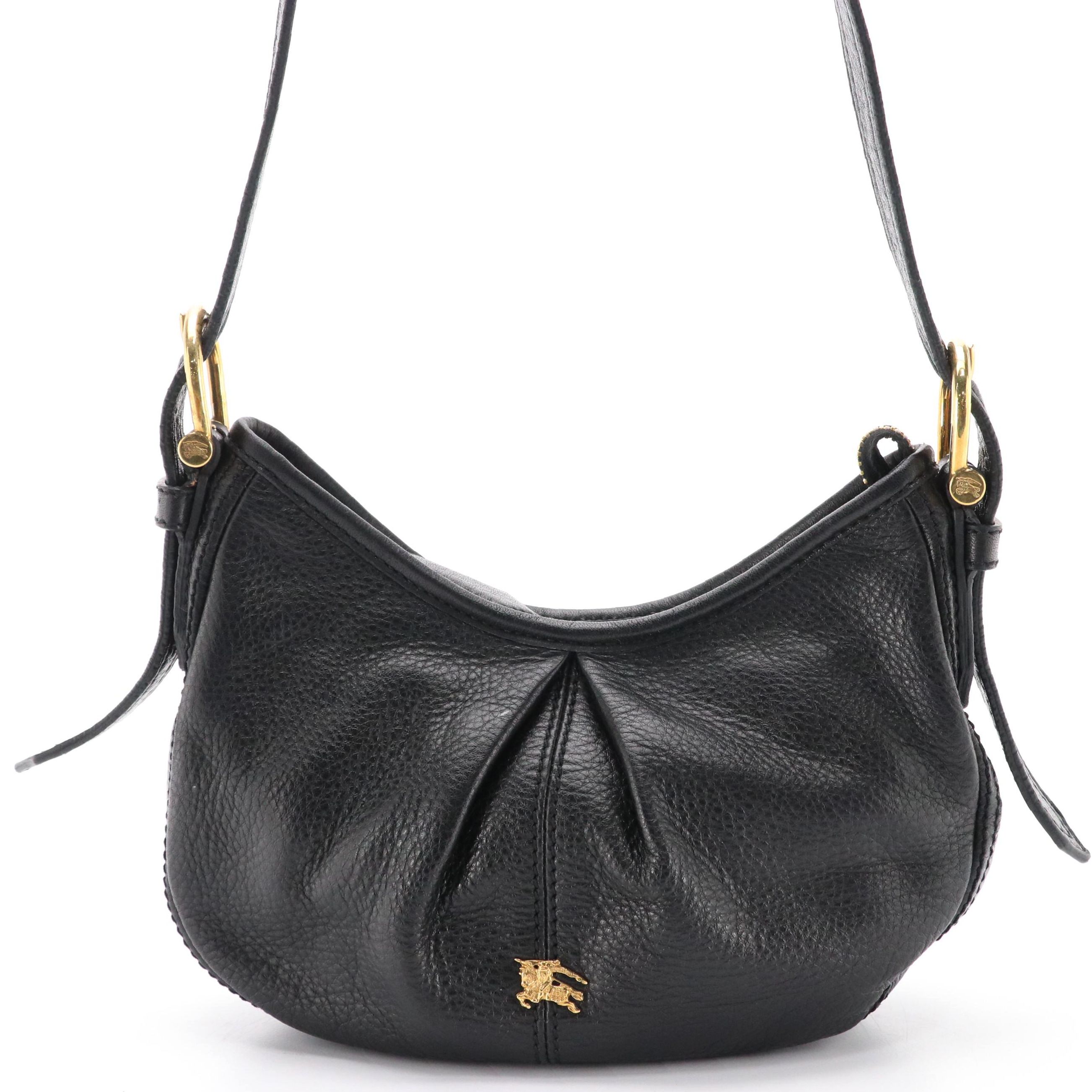 Burberry Half Moon Pleated Shoulder Bag in Black Grained Leather