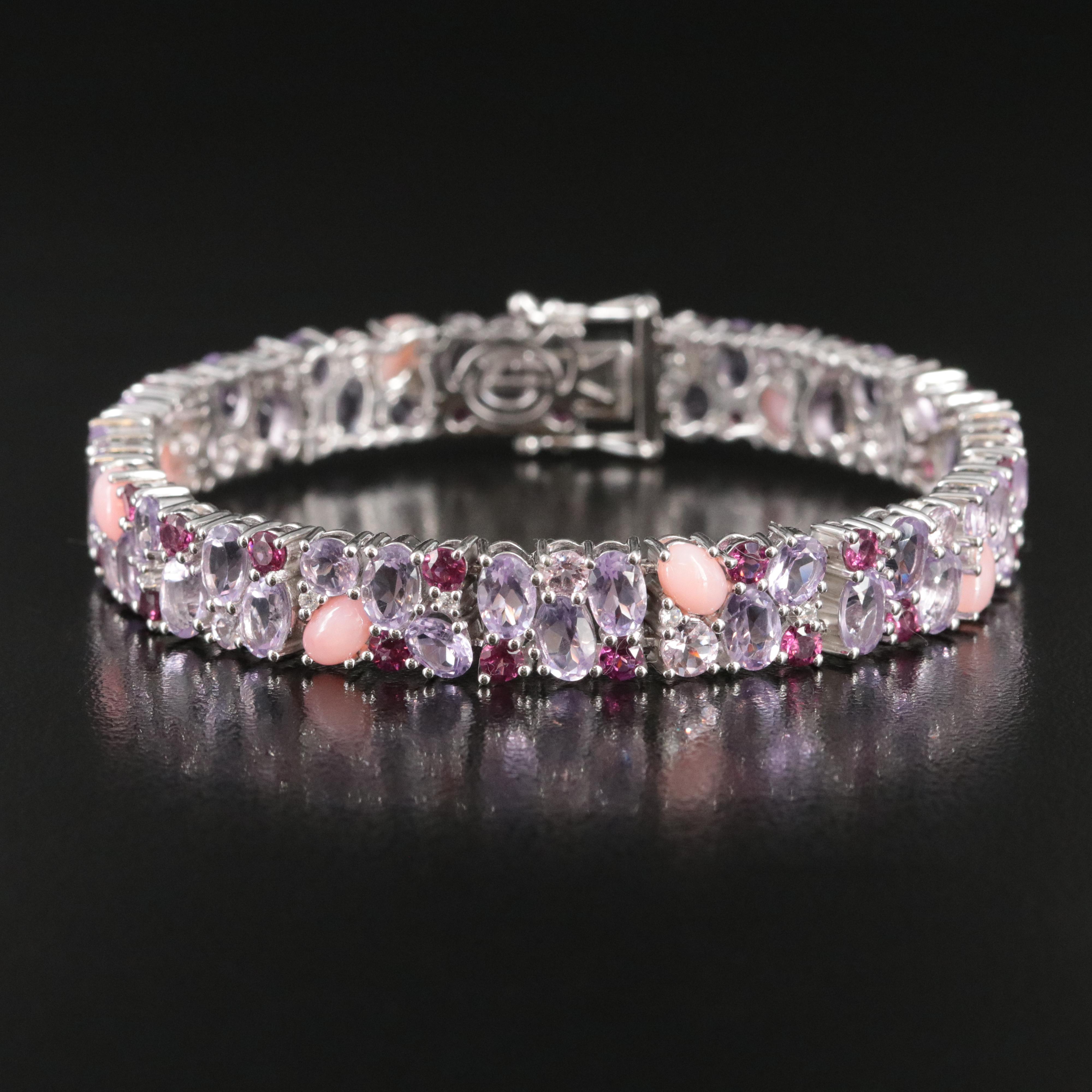 Sterling Amethyst, Garnet, and Common Opal Bracelet