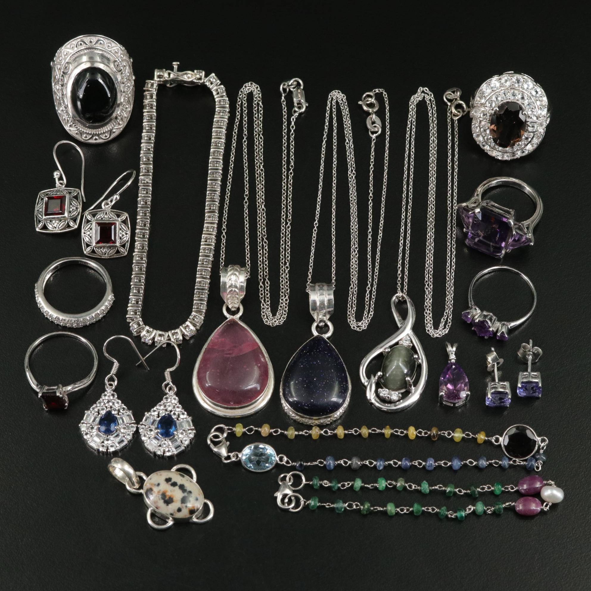 17 Assorted Sterling Silver Bracelets, Earrings, Necklaces, Pendants, and Rings