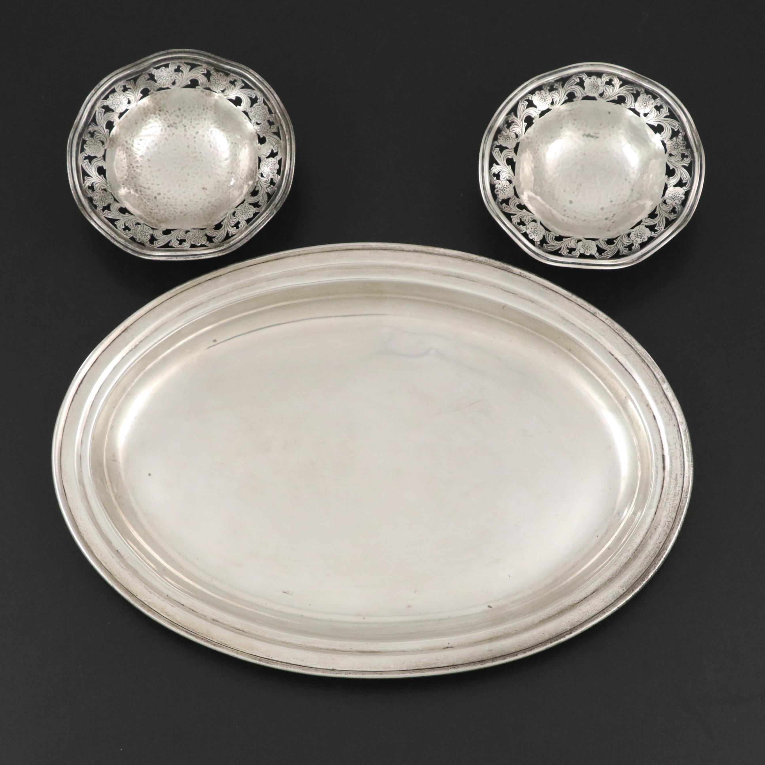 James E. Blake Co. Hammered Sterling Salt Cellars and Weidlich Sterling Tray