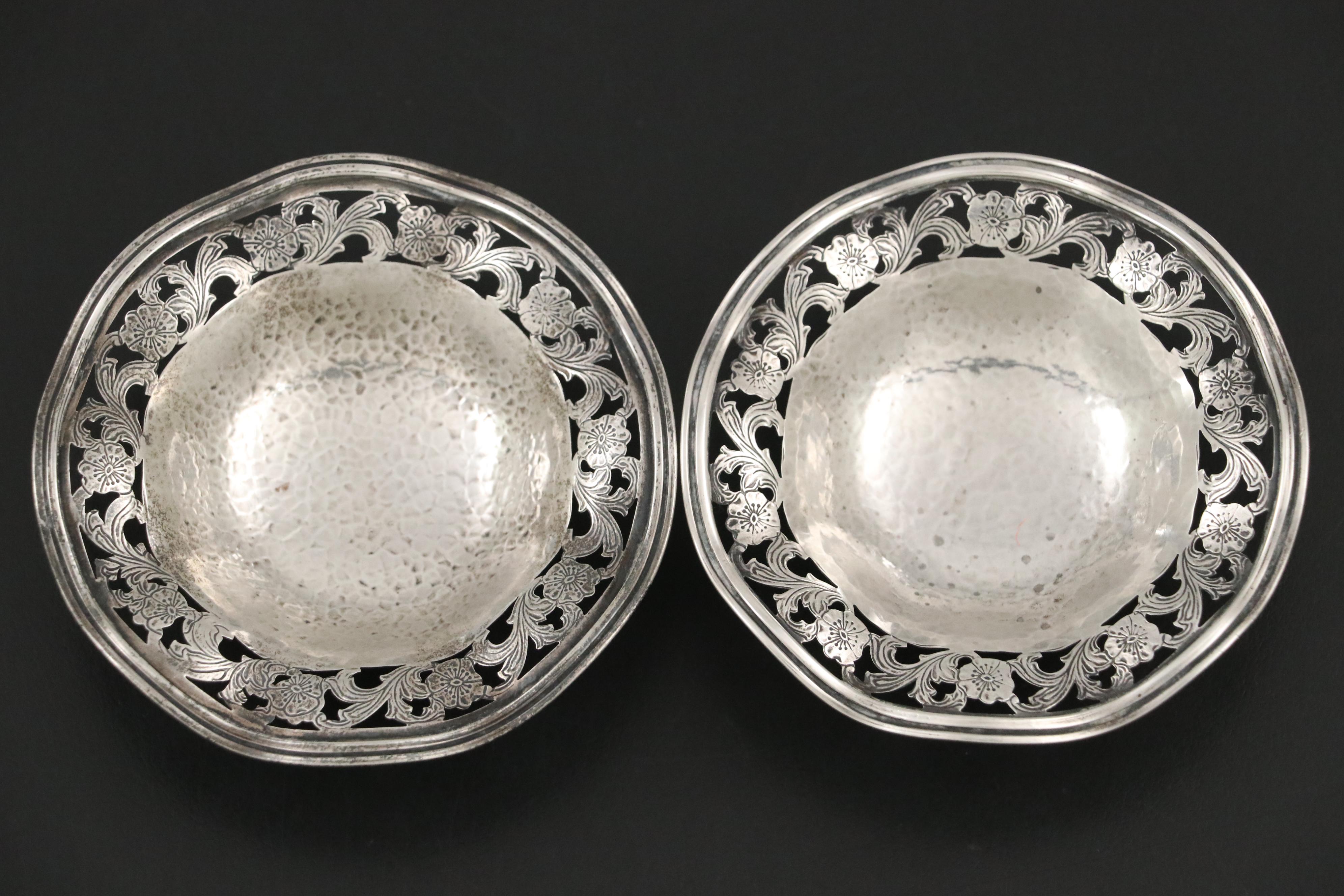 James E. Blake Co. Hammered Sterling Salt Cellars and Weidlich Sterling Tray