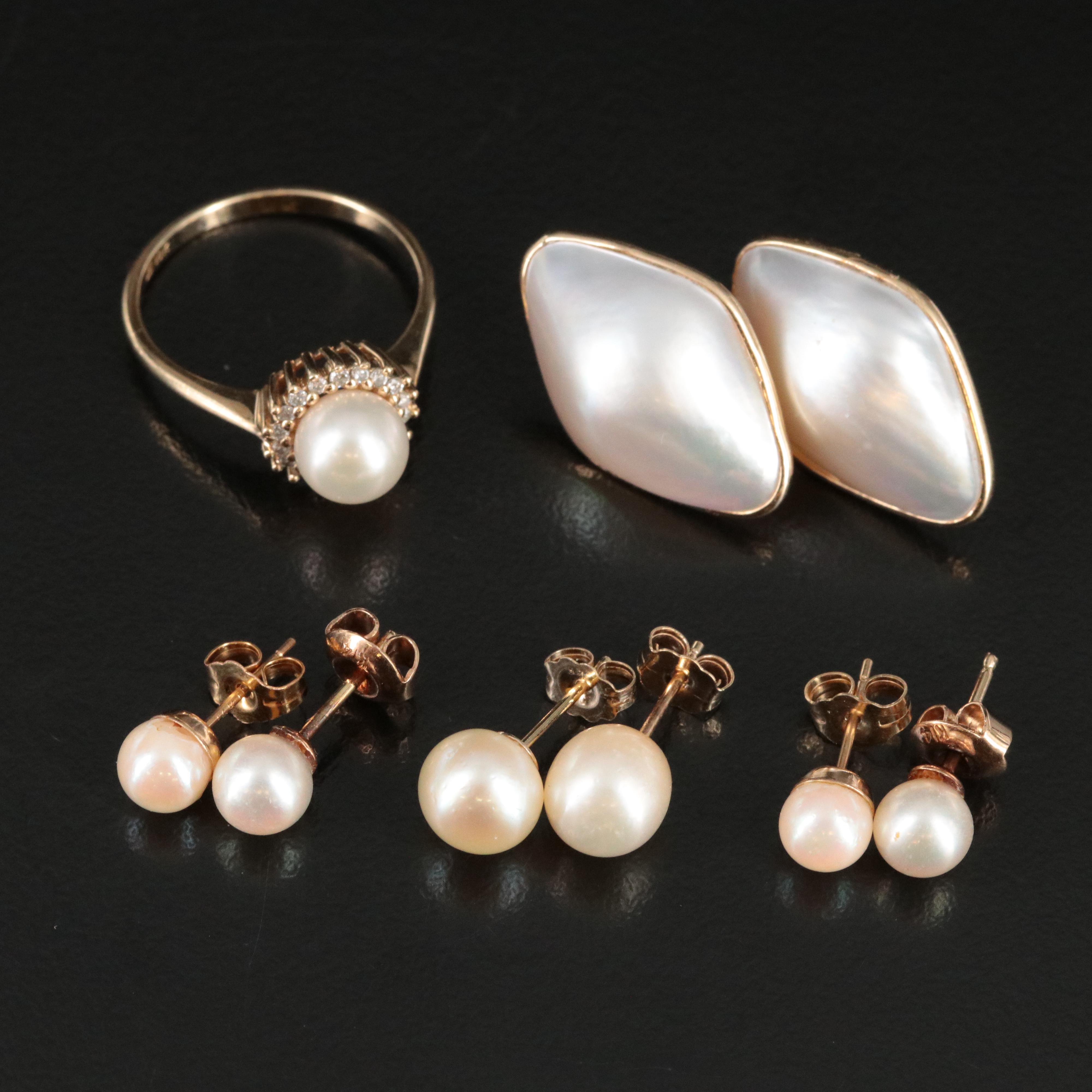 10K and 14K Pearl Earrings and Ring Including Diamonds