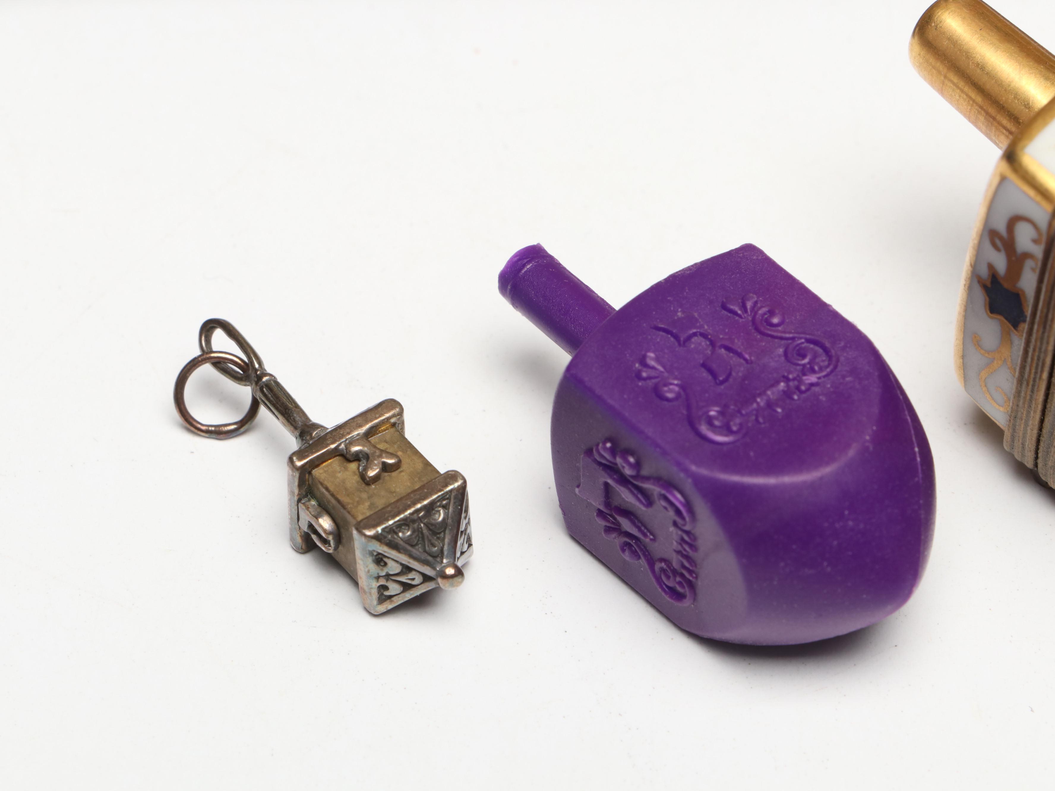 Israeli Brass Lions of Judah Menorah with Limoges and Other Dreidels