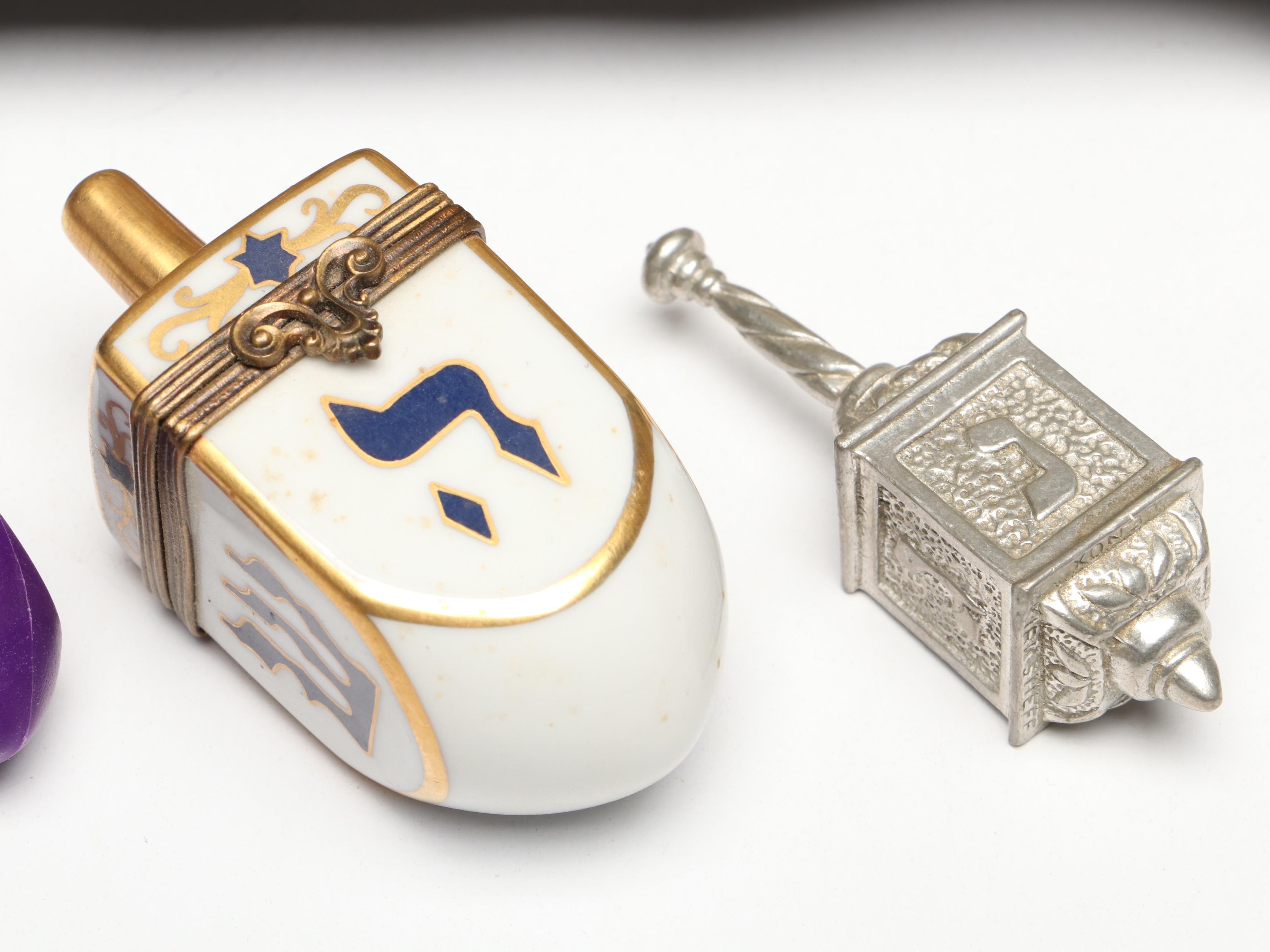 Israeli Brass Lions of Judah Menorah with Limoges and Other Dreidels