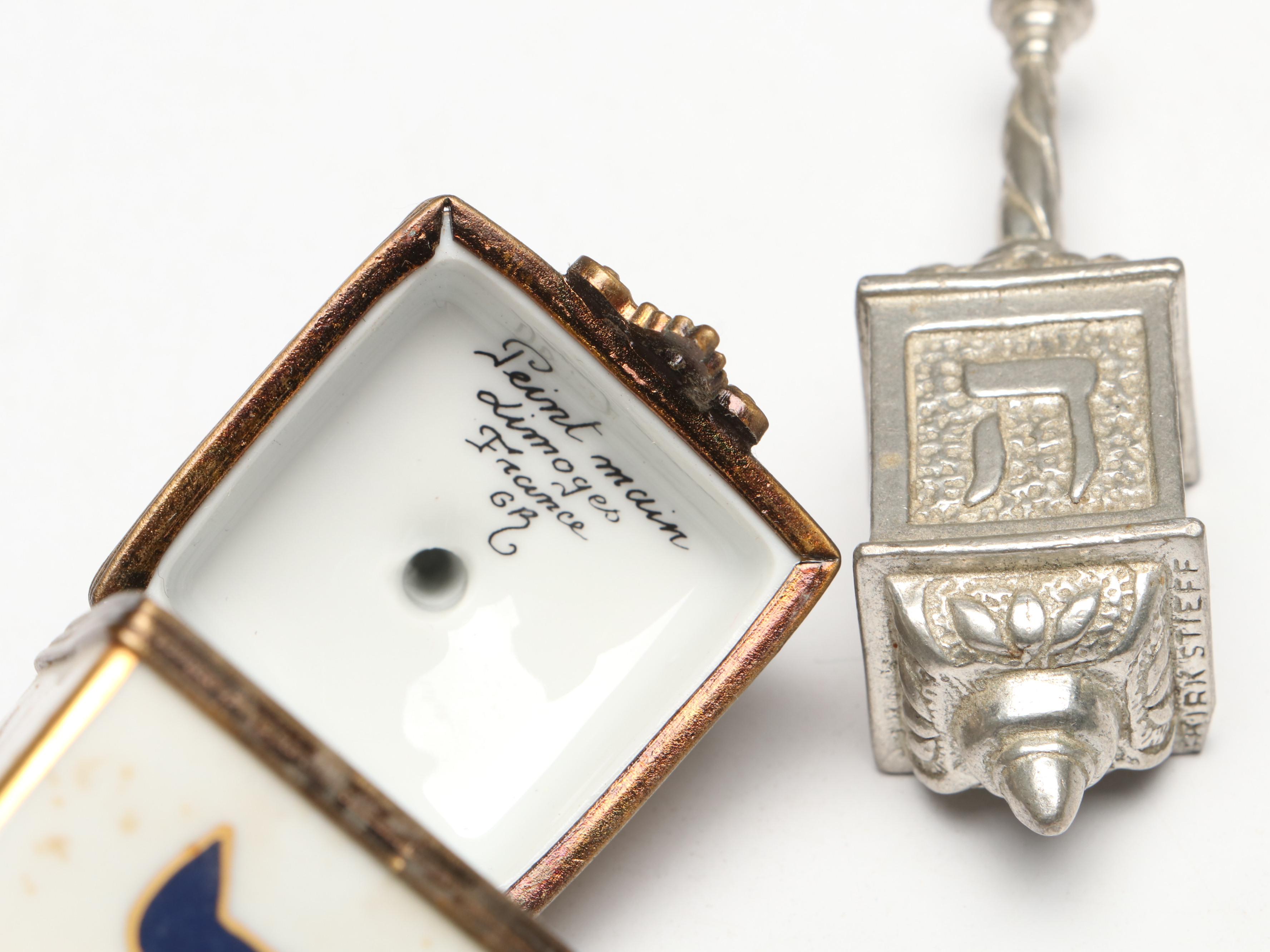 Israeli Brass Lions of Judah Menorah with Limoges and Other Dreidels