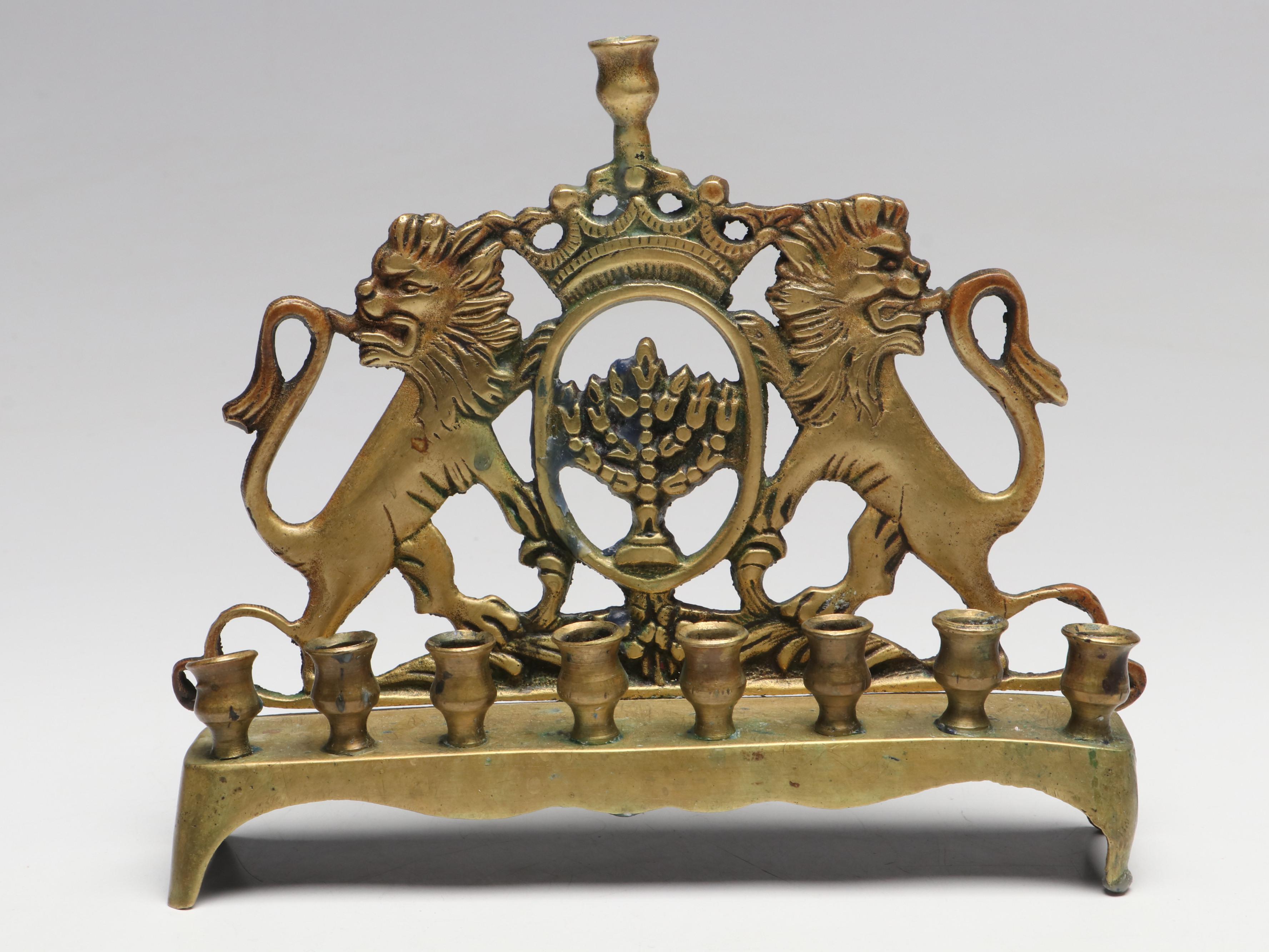 Israeli Brass Lions of Judah Menorah with Limoges and Other Dreidels