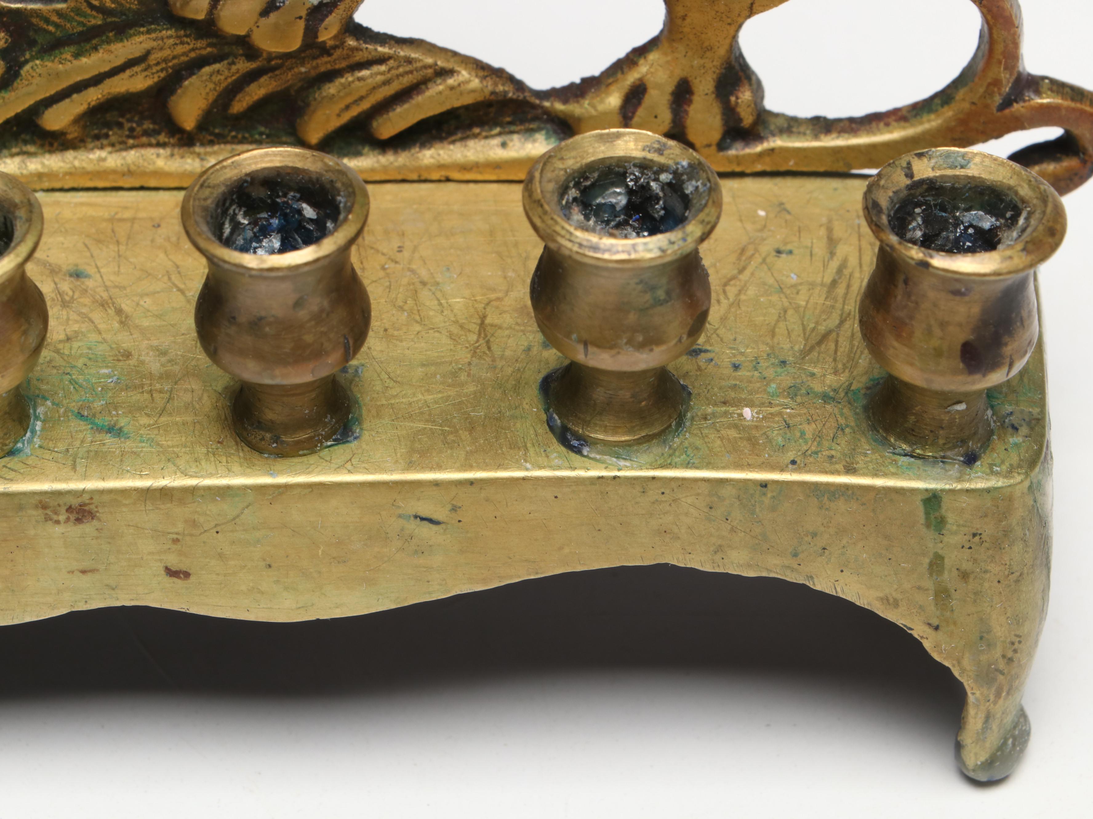 Israeli Brass Lions of Judah Menorah with Limoges and Other Dreidels