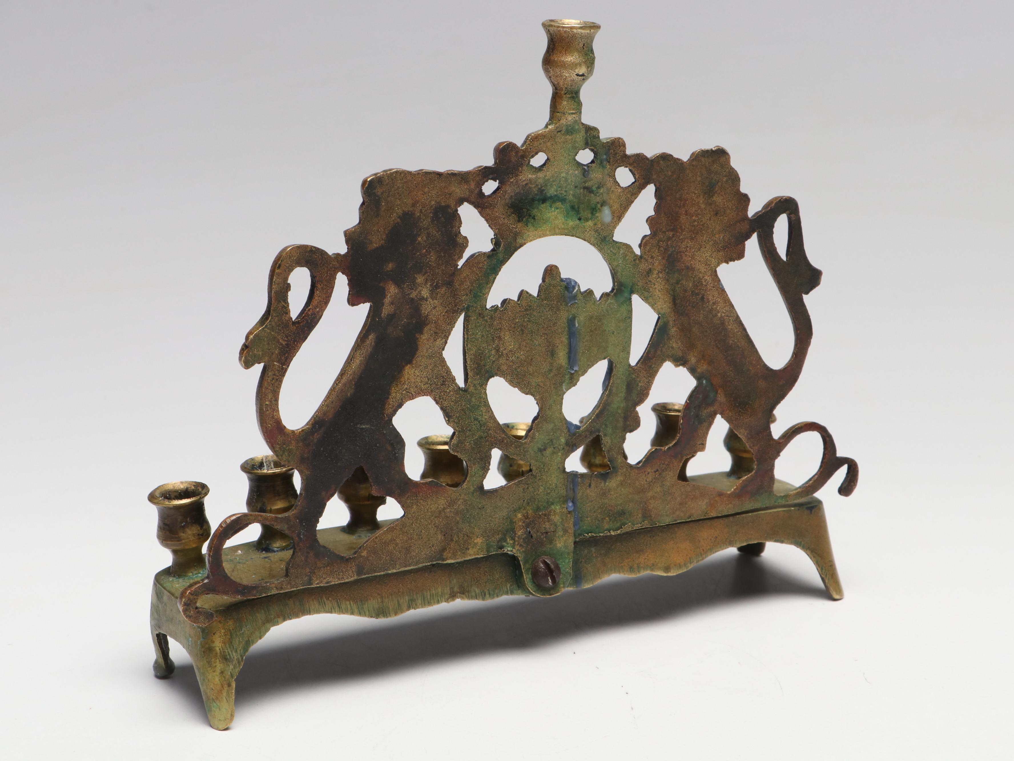 Israeli Brass Lions of Judah Menorah with Limoges and Other Dreidels