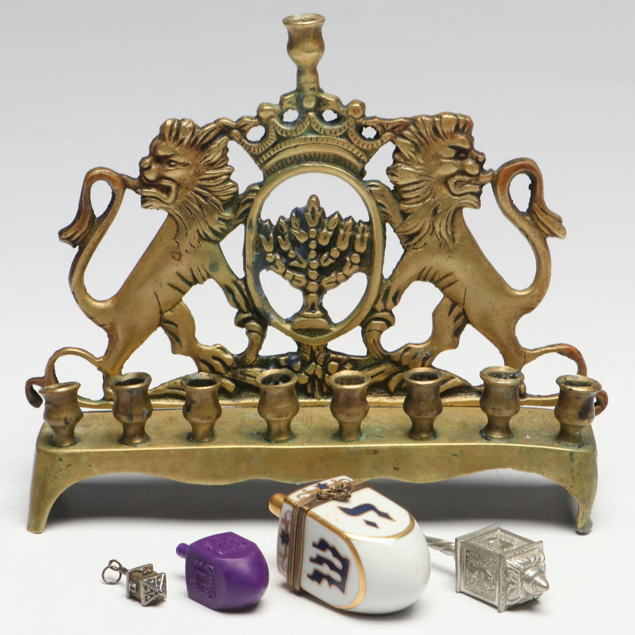 Israeli Brass Lions of Judah Menorah with Limoges and Other Dreidels