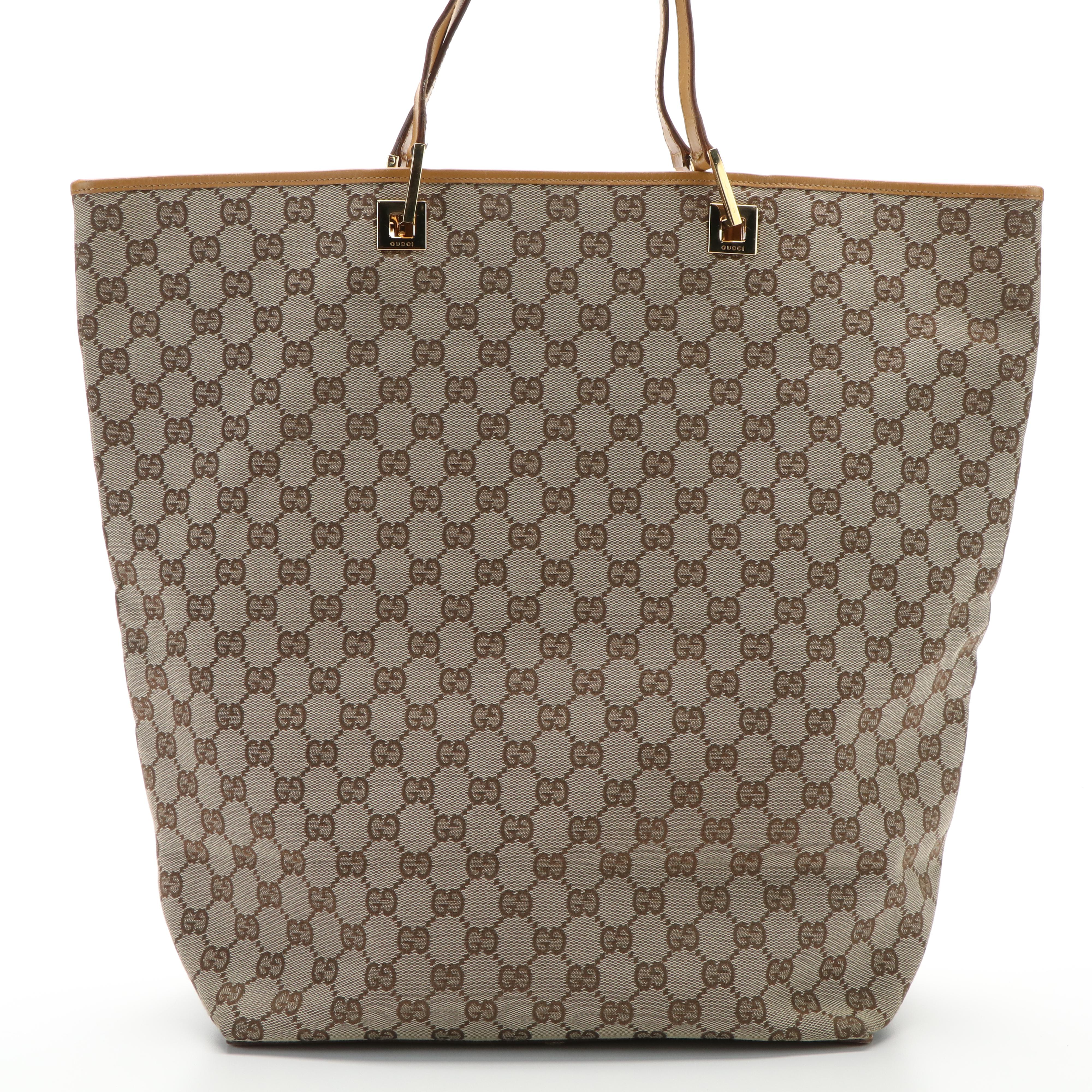 Gucci Shoppers Bucket Tote Bag in GG Monogram Canvas and Brown Leather