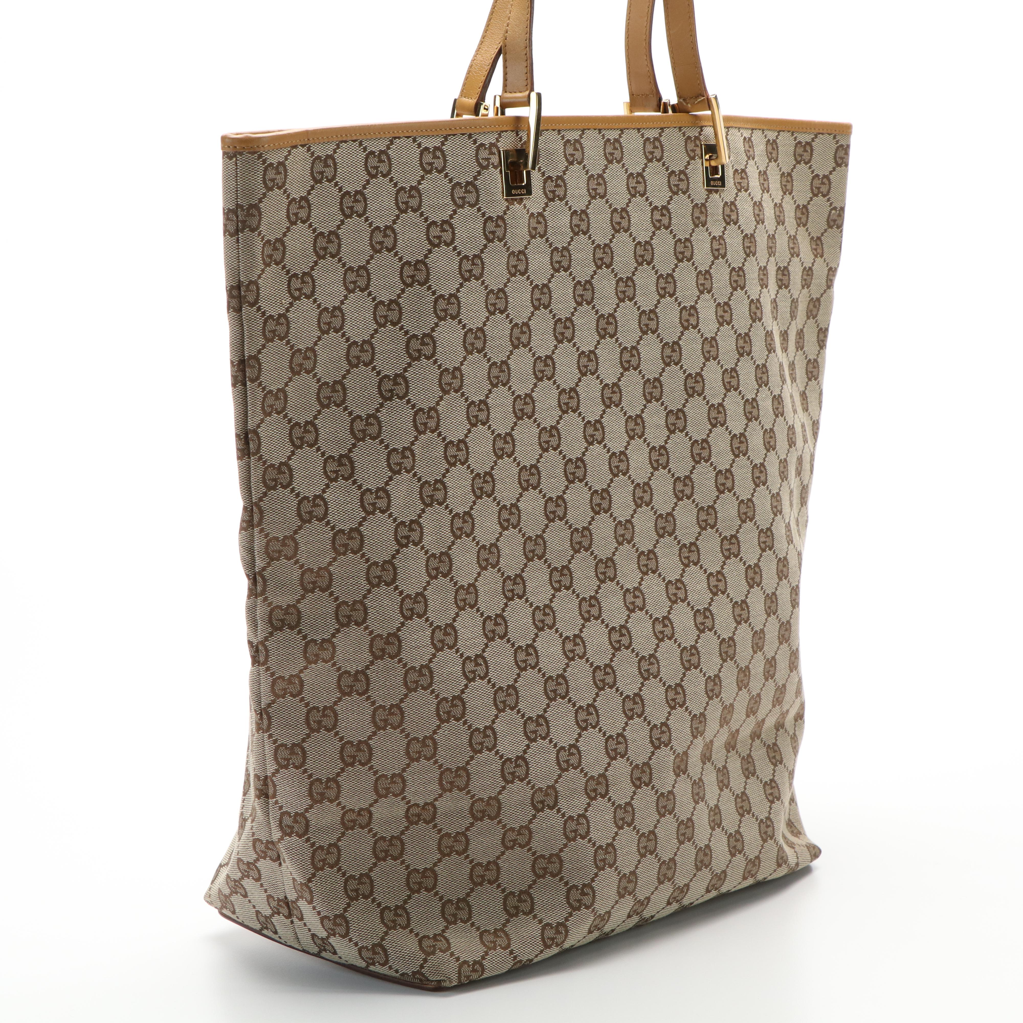 Gucci Shoppers Bucket Tote Bag in GG Monogram Canvas and Brown Leather
