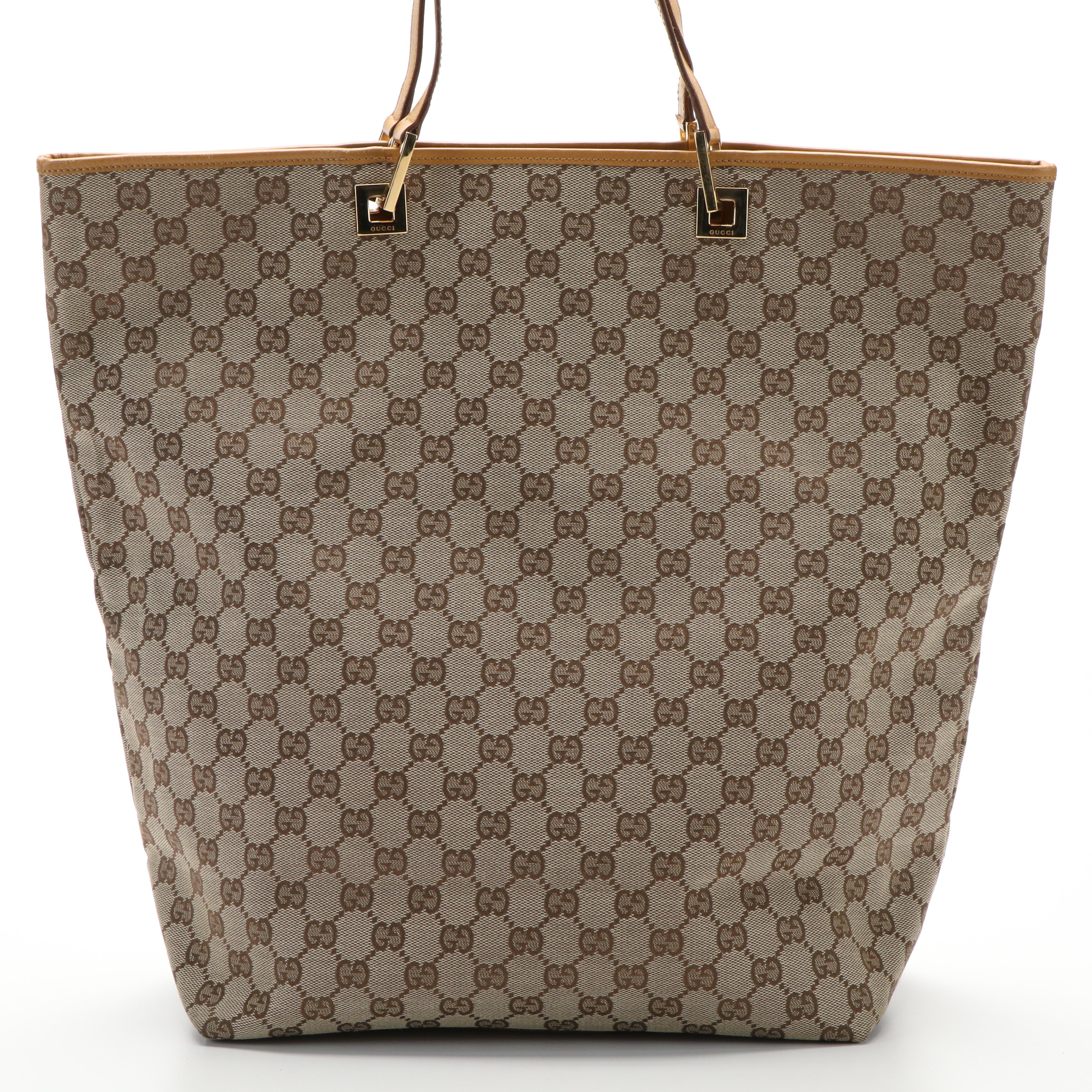 Gucci Shoppers Bucket Tote Bag in GG Monogram Canvas and Brown Leather