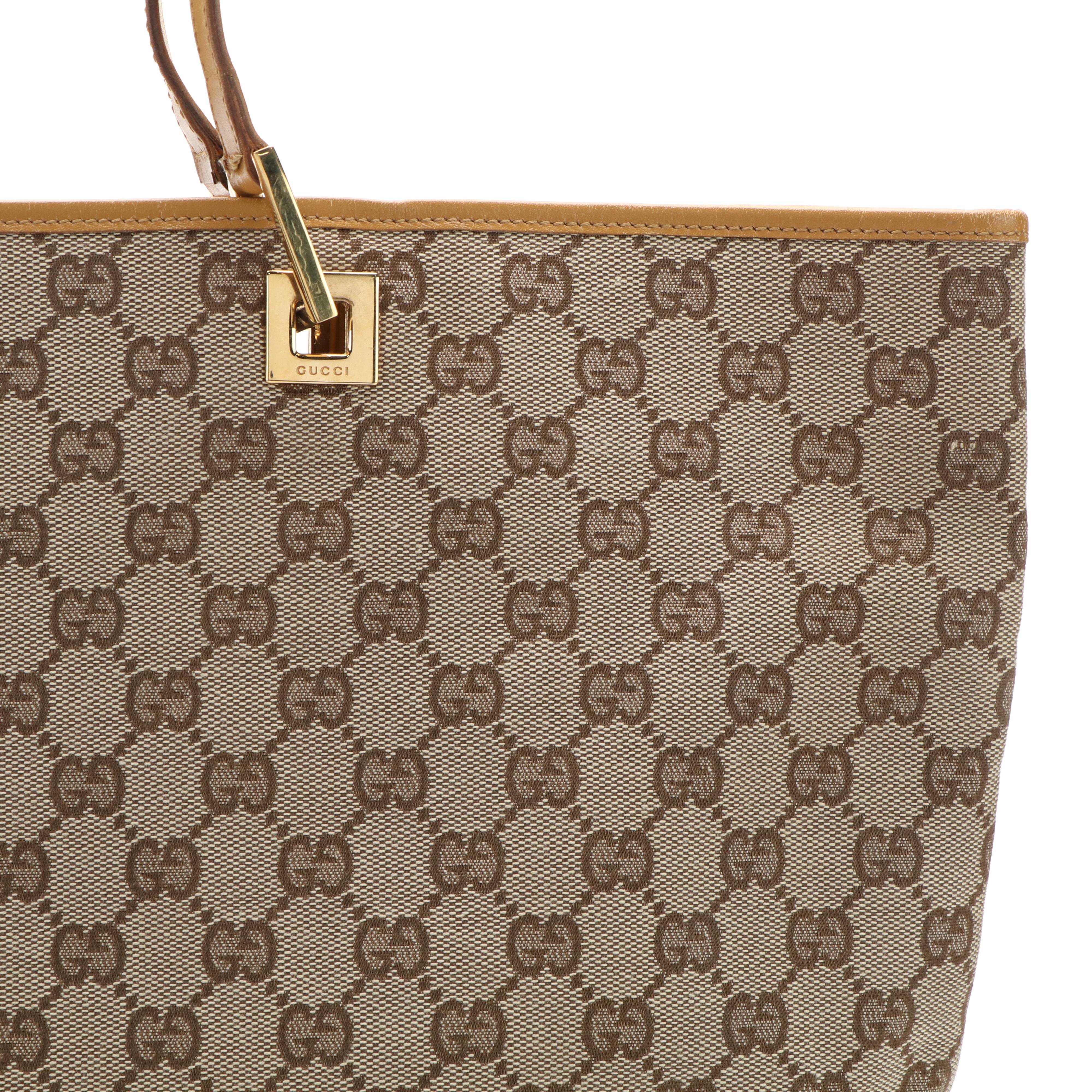 Gucci Shoppers Bucket Tote Bag in GG Monogram Canvas and Brown Leather
