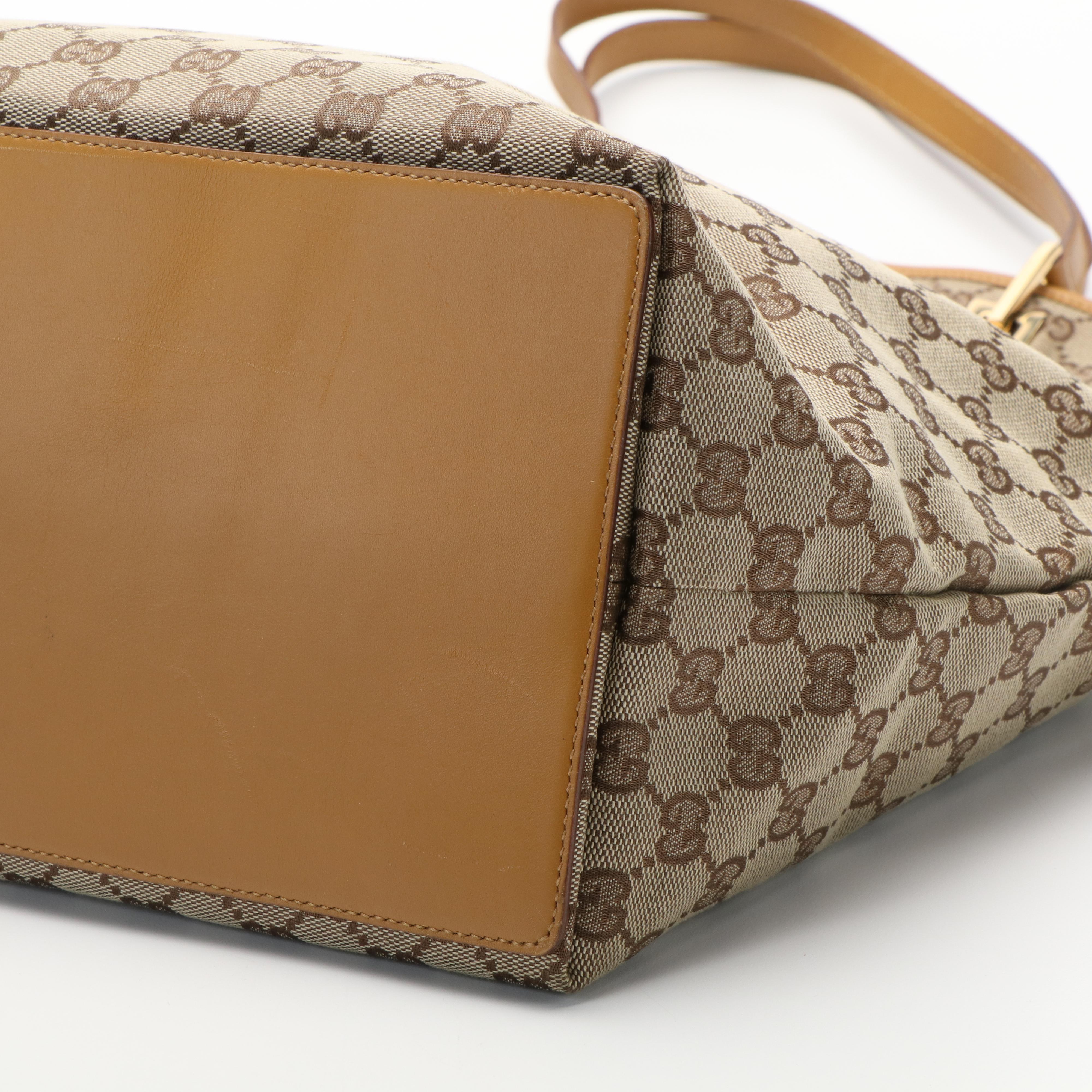 Gucci Shoppers Bucket Tote Bag in GG Monogram Canvas and Brown Leather