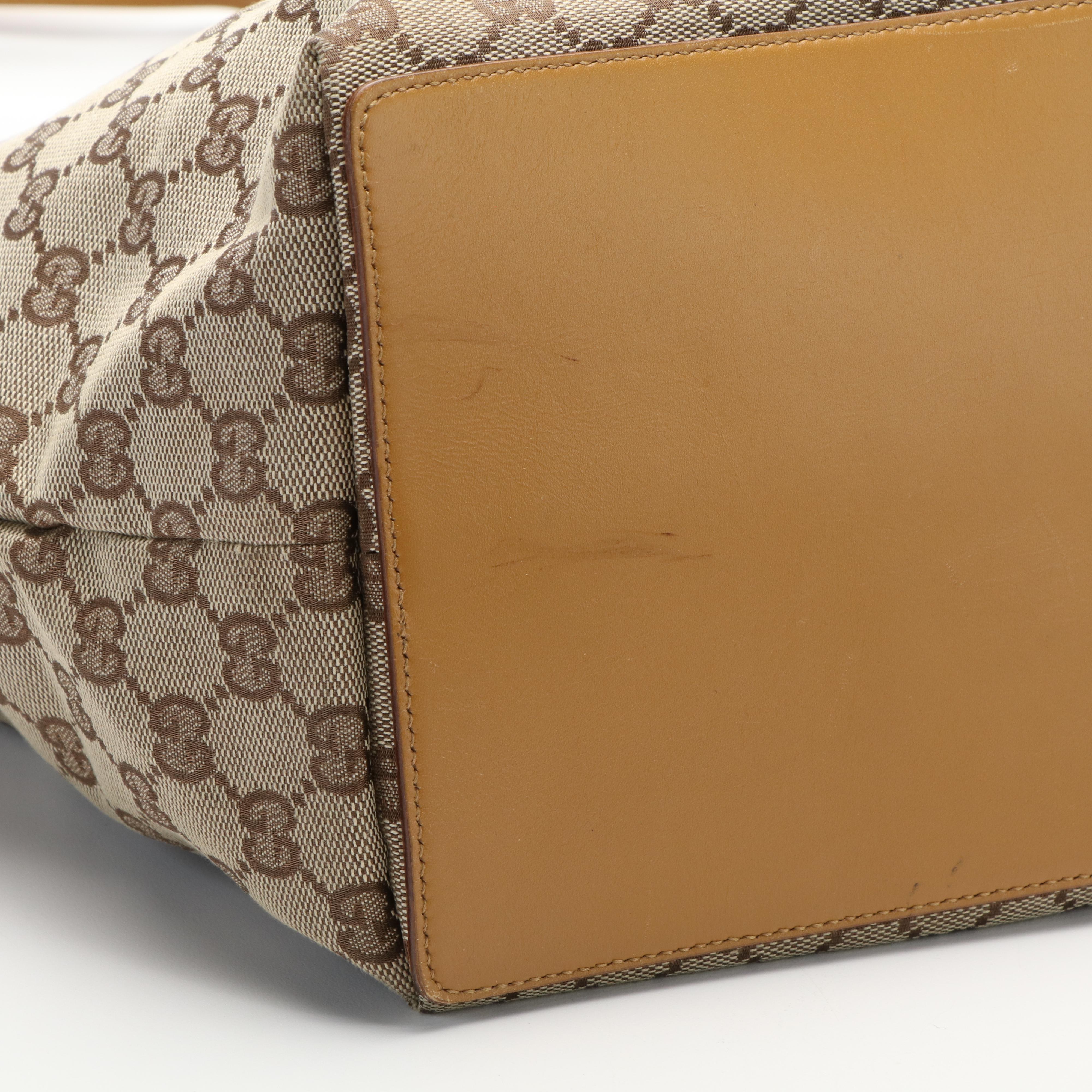 Gucci Shoppers Bucket Tote Bag in GG Monogram Canvas and Brown Leather