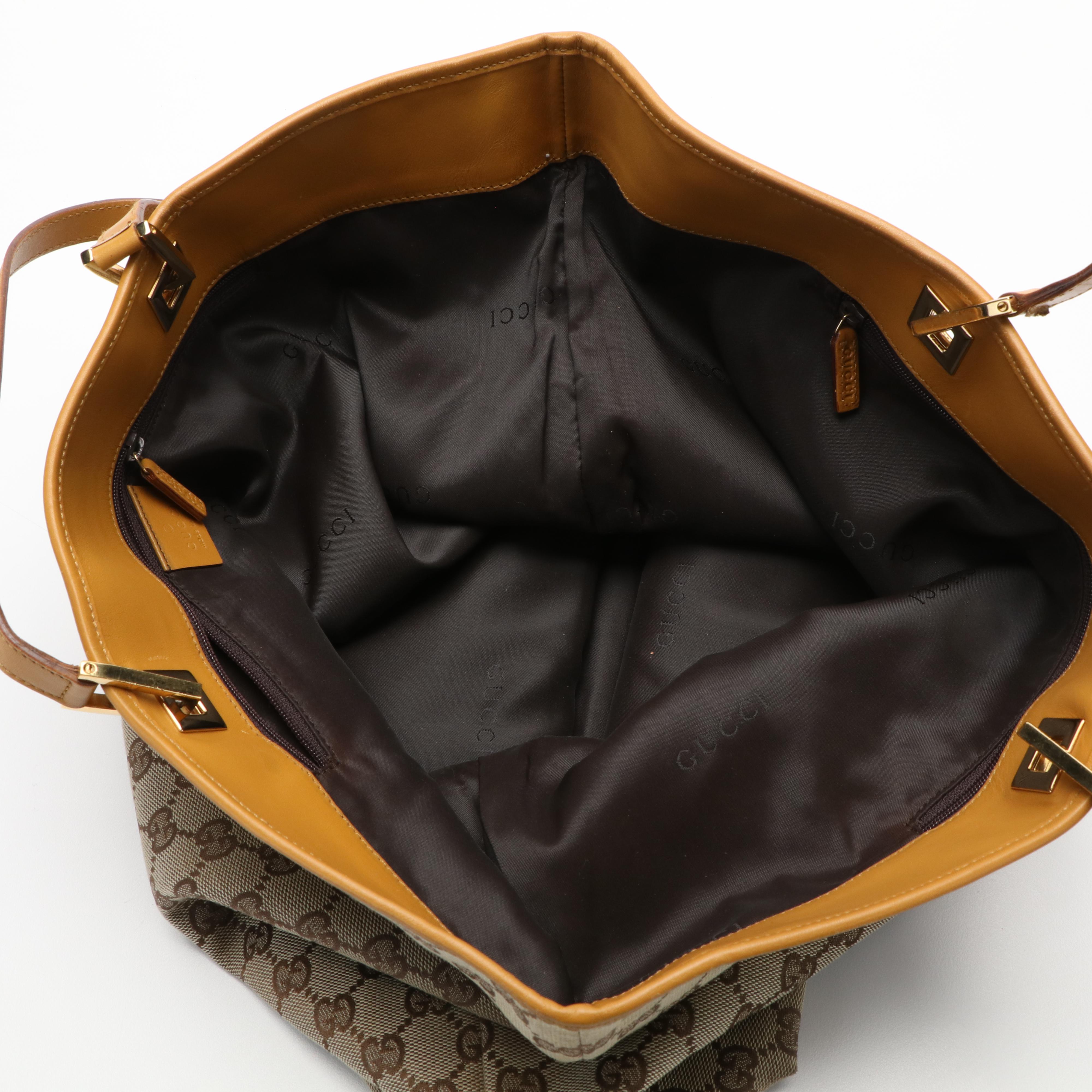 Gucci Shoppers Bucket Tote Bag in GG Monogram Canvas and Brown Leather