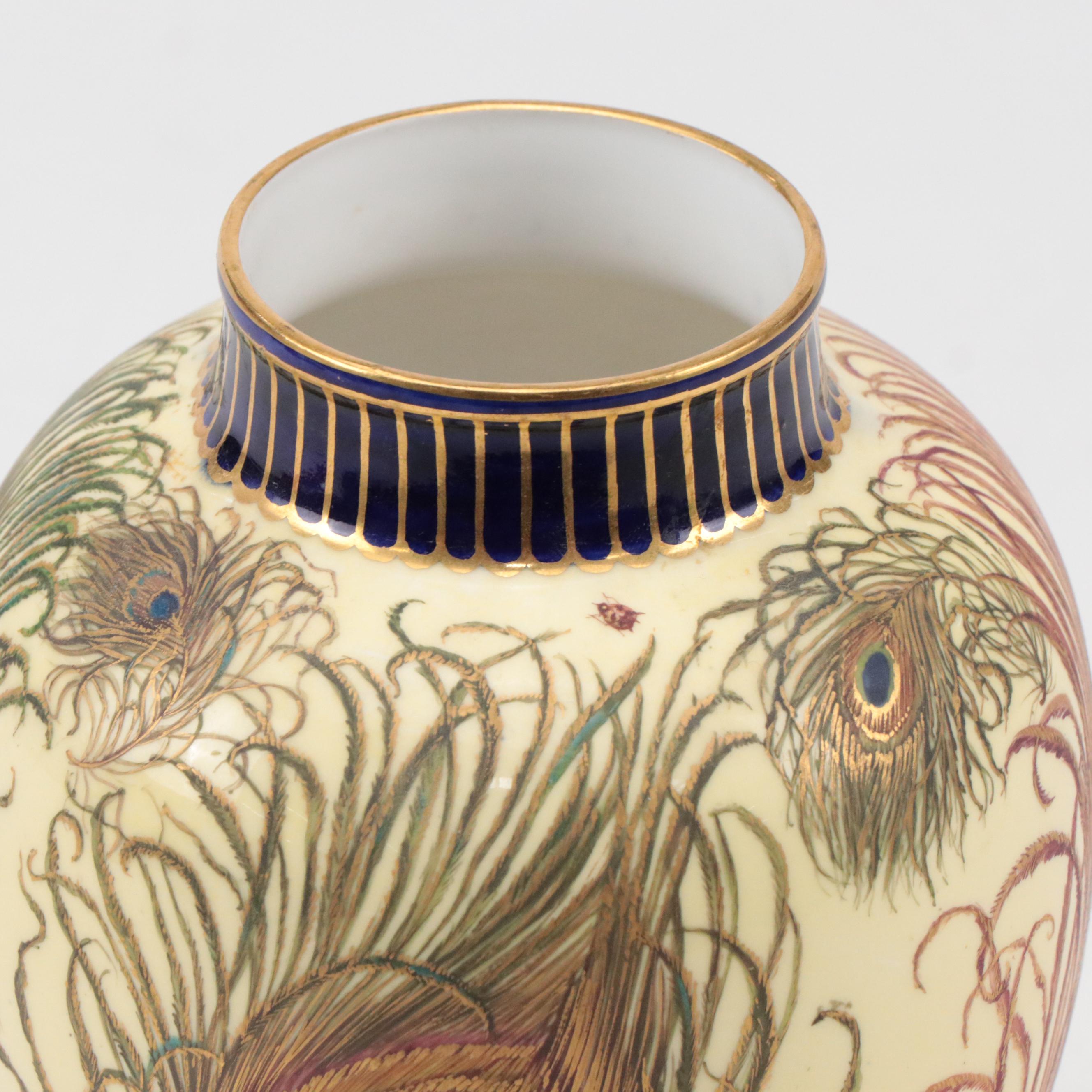 Royal Crown Derby Art Nouveau Style English Porcelain Peacock Feather Urn, 1886