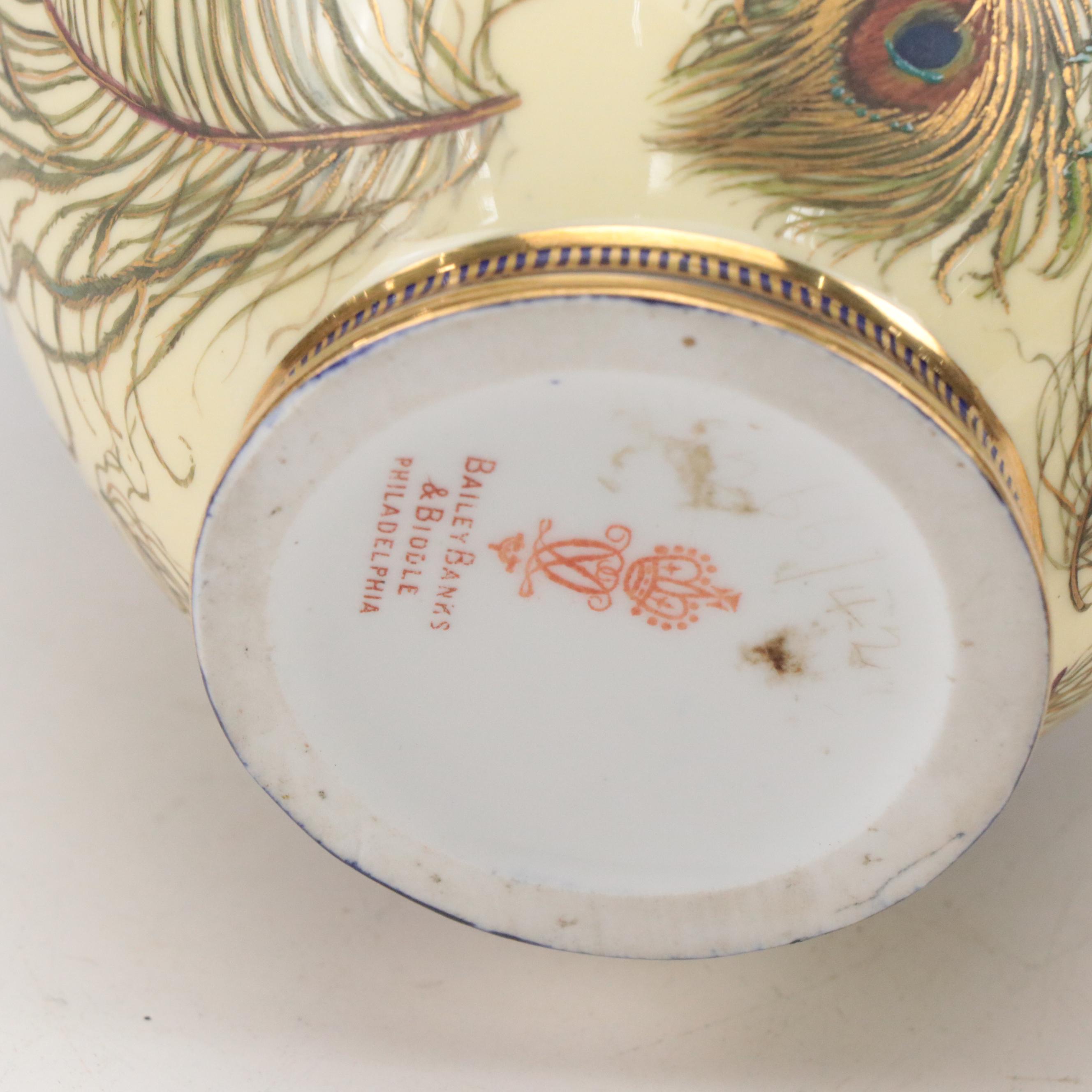 Royal Crown Derby Art Nouveau Style English Porcelain Peacock Feather Urn, 1886