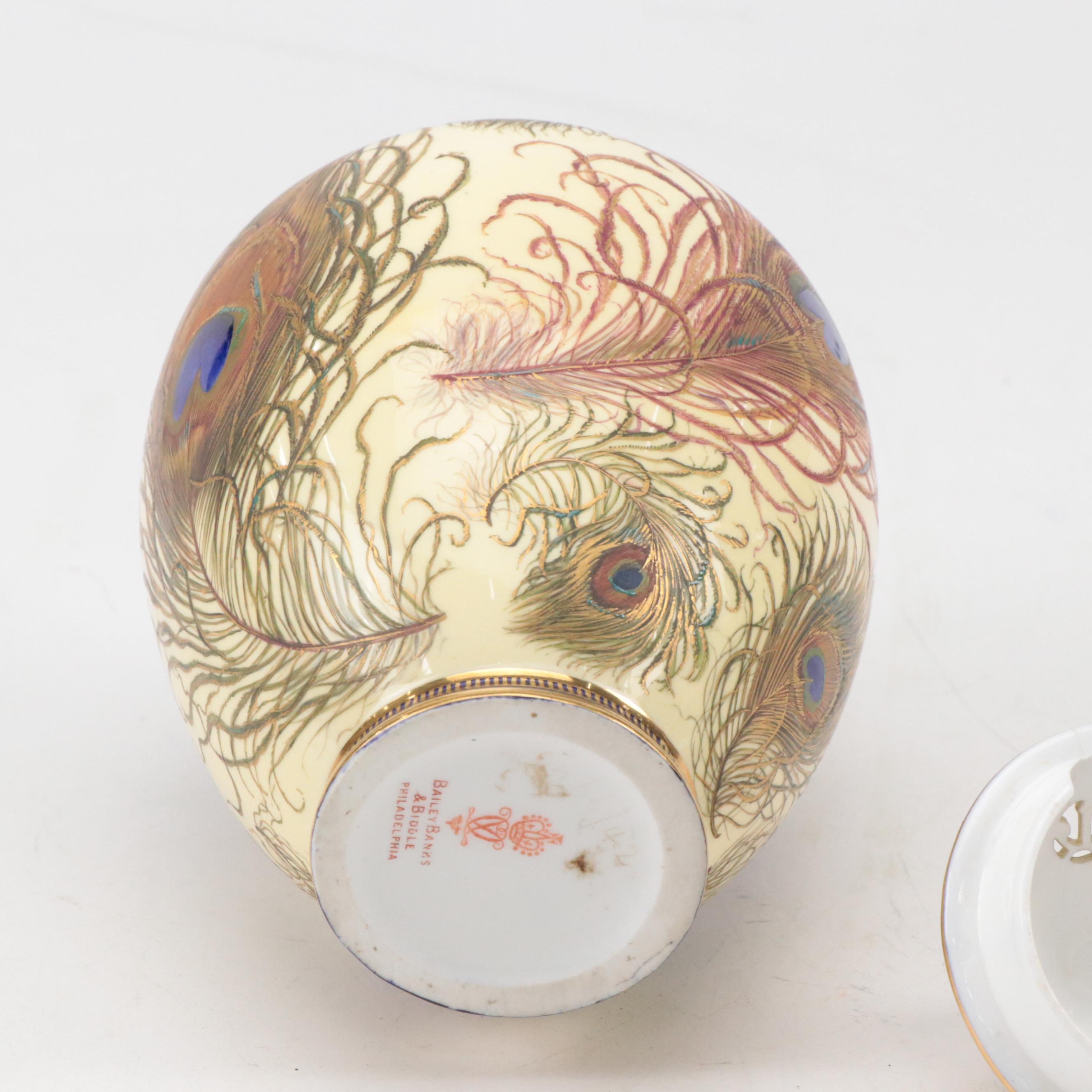 Royal Crown Derby Art Nouveau Style English Porcelain Peacock Feather Urn, 1886