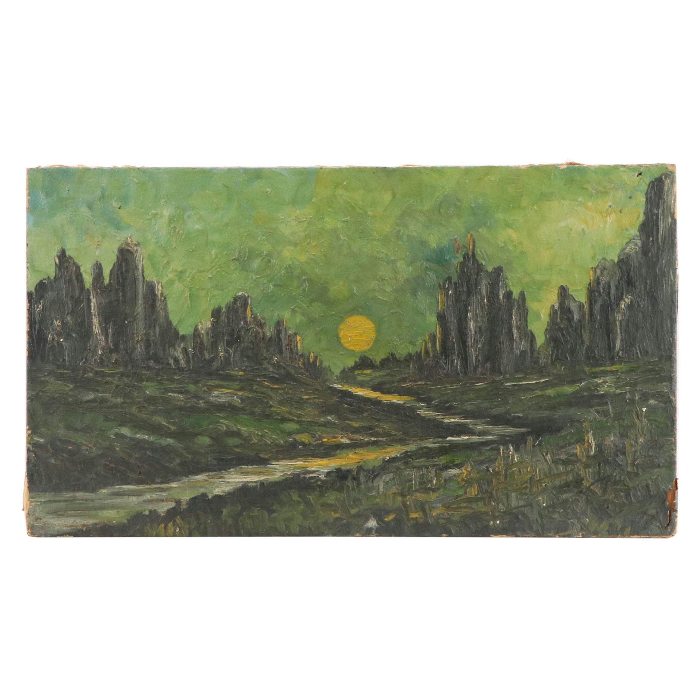 Impasto Oil Painting of an Illuminated Landscape with Mountains