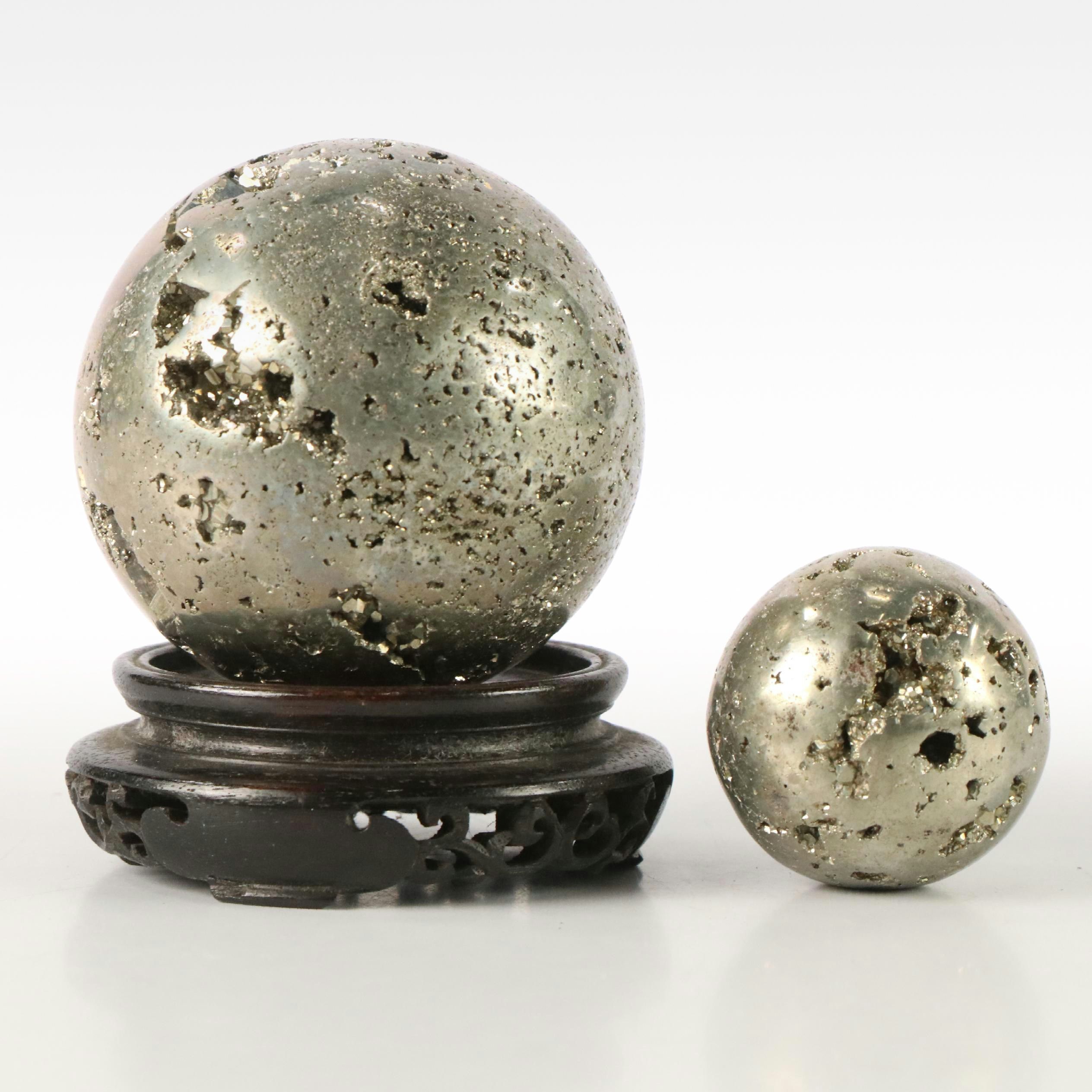 Peruvian Pyrite Spheres with Carved Wooden Display Base