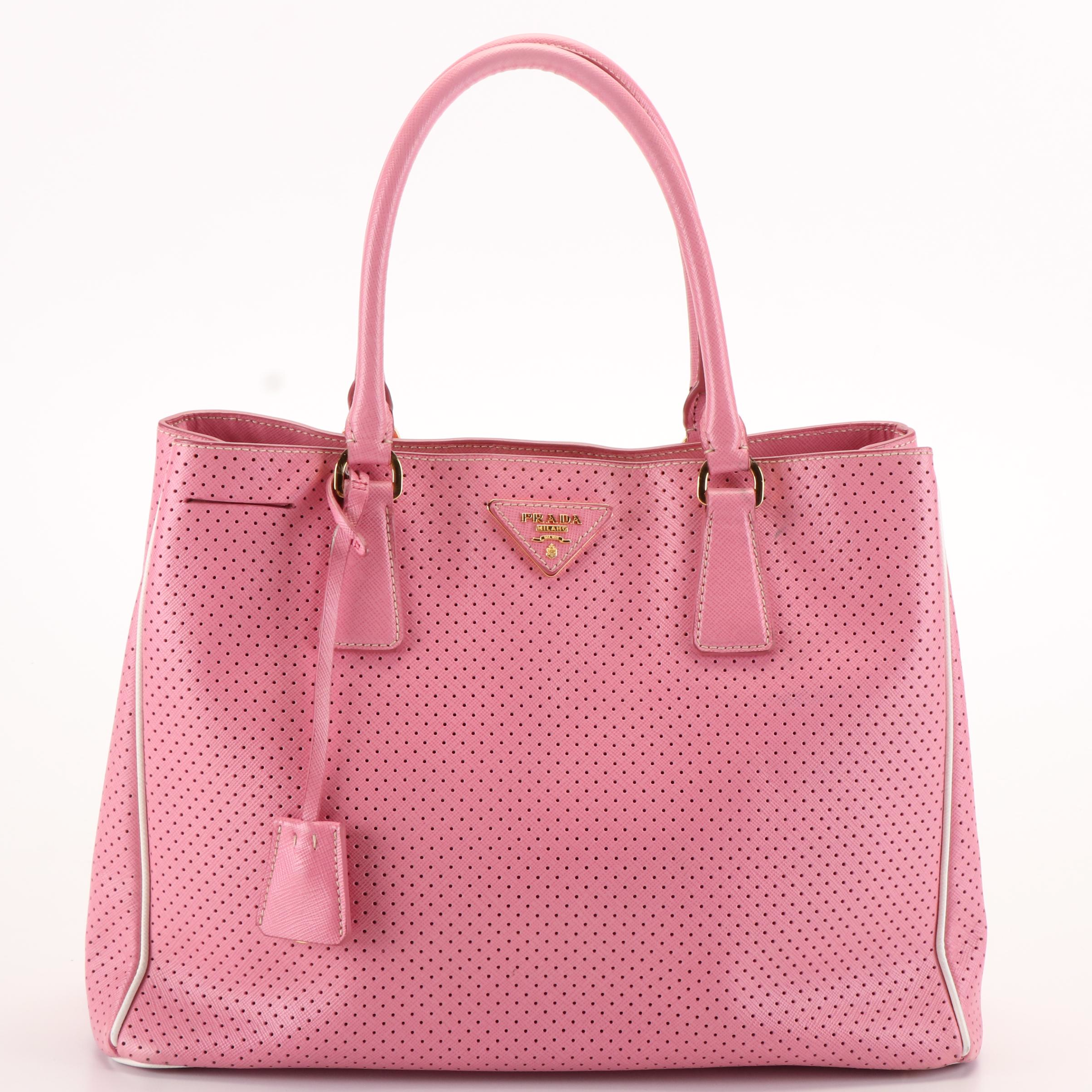 Prada Top Handle Bag in Pink Perforated Saffiano Leather