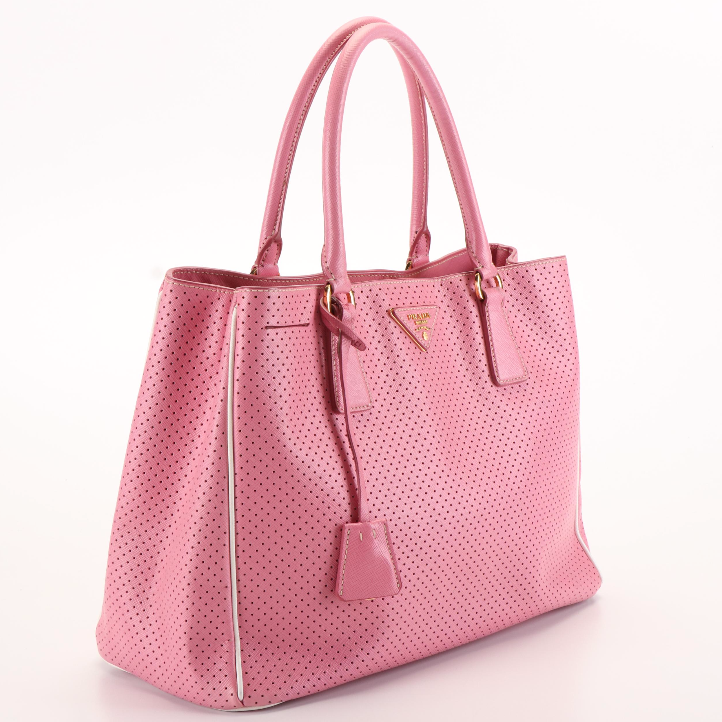 Prada Top Handle Bag in Pink Perforated Saffiano Leather