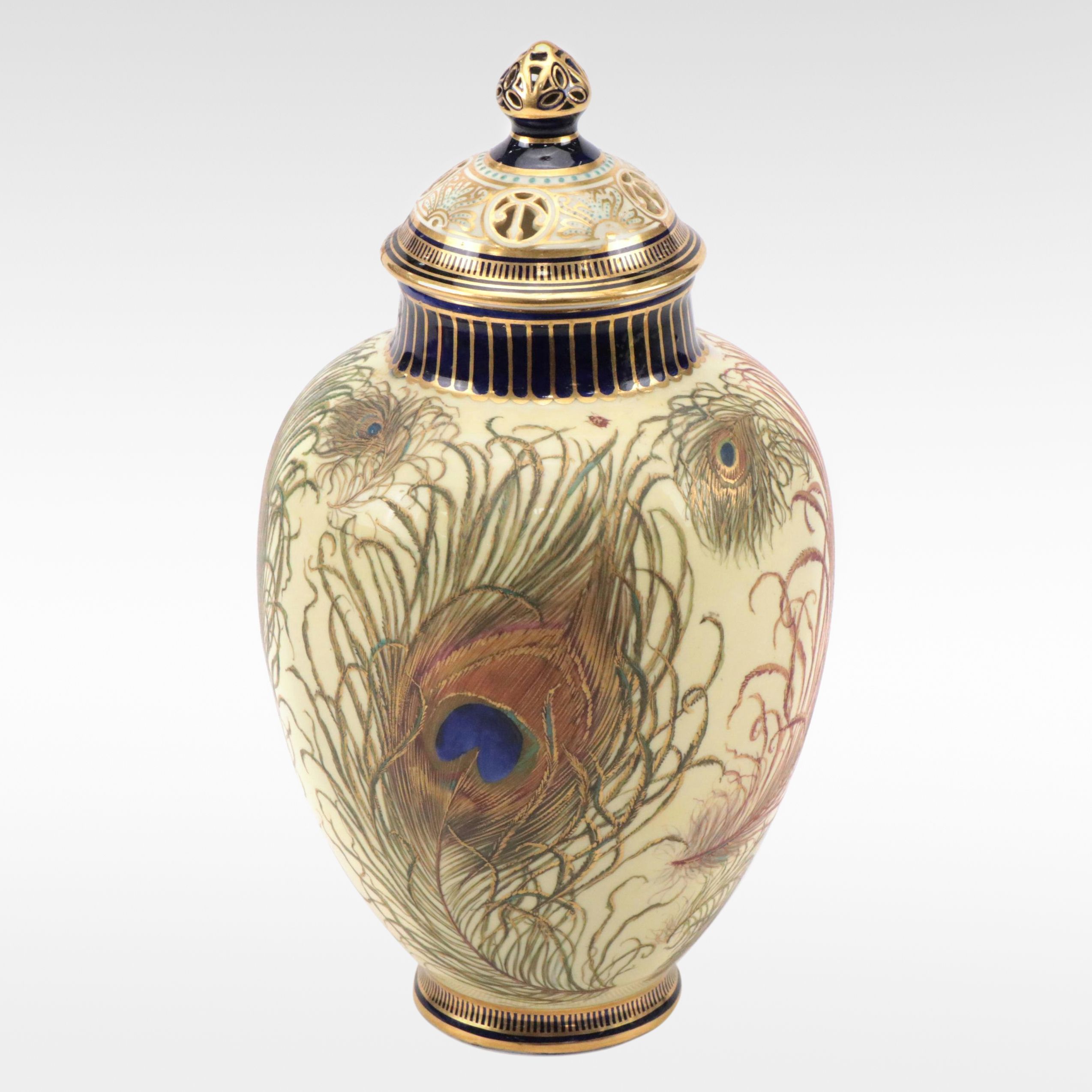 Royal Crown Derby Art Nouveau Style English Porcelain Peacock Feather Urn, 1886