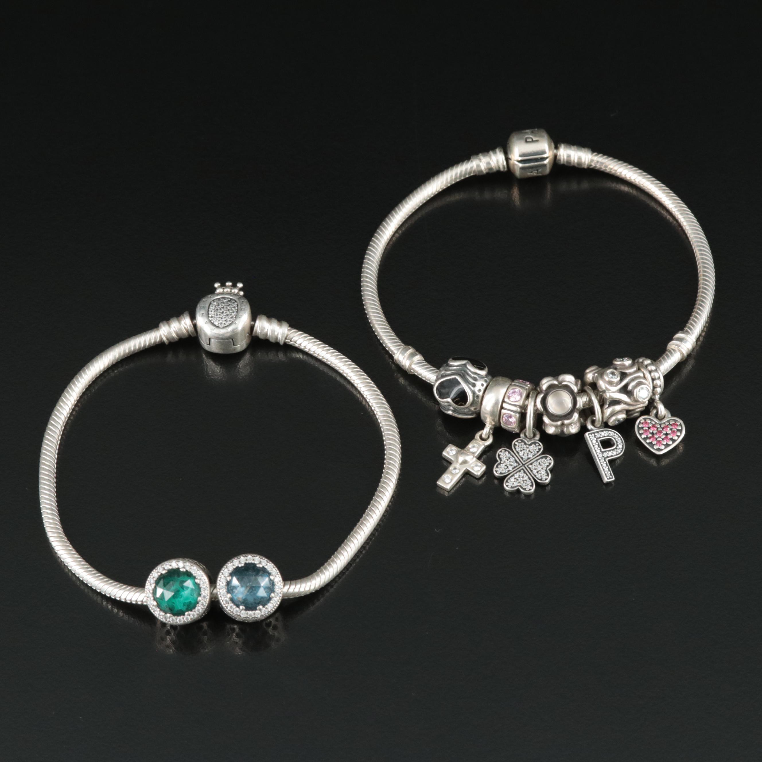 Pandora Sterling Bracelet and Beads Featuring CZ, Moonstone, and Glass