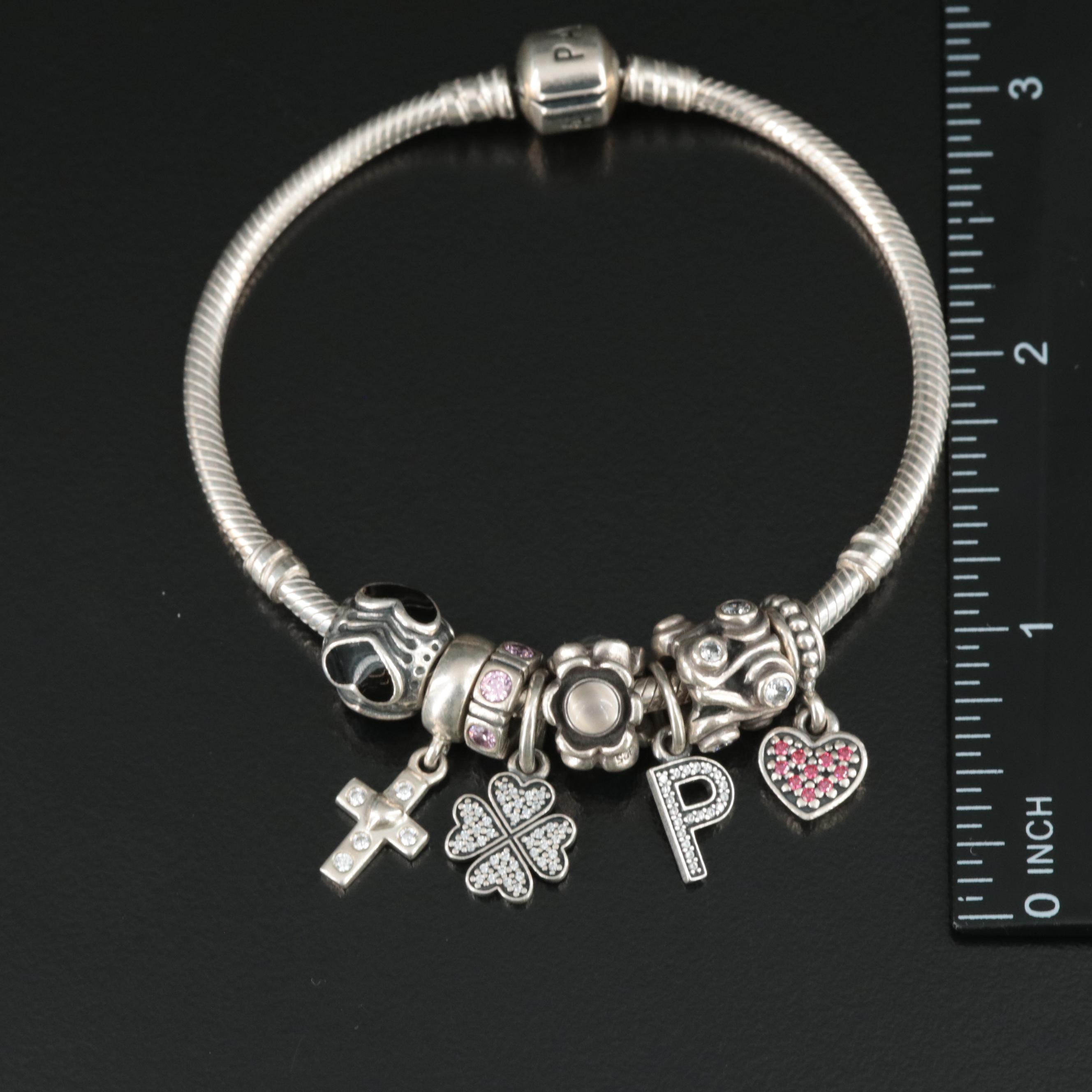 Pandora Sterling Bracelet and Beads Featuring CZ, Moonstone, and Glass