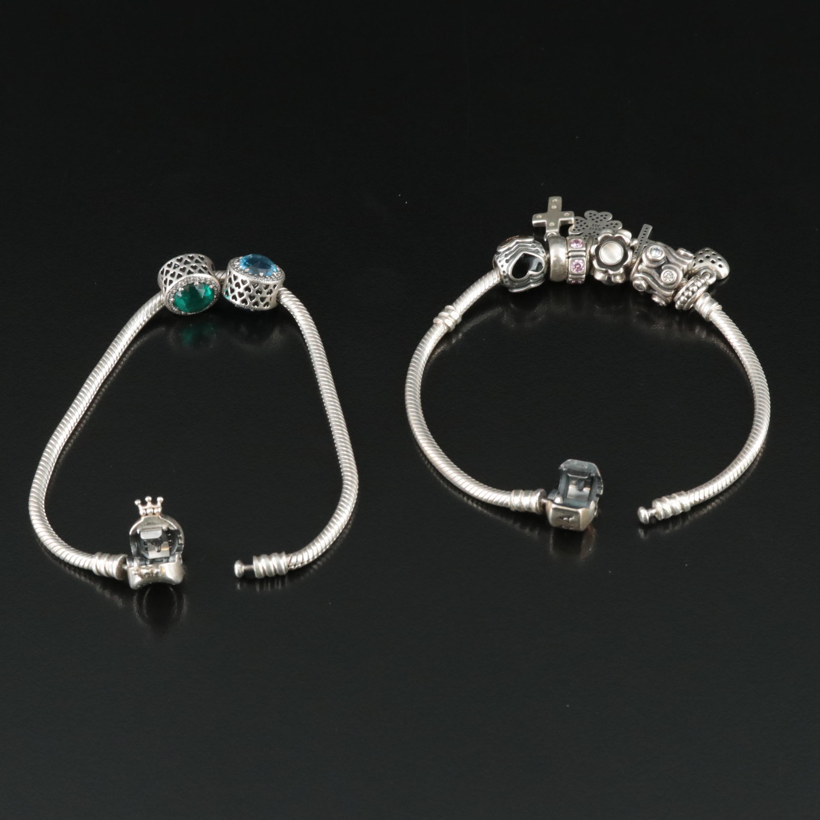 Pandora Sterling Bracelet and Beads Featuring CZ, Moonstone, and Glass