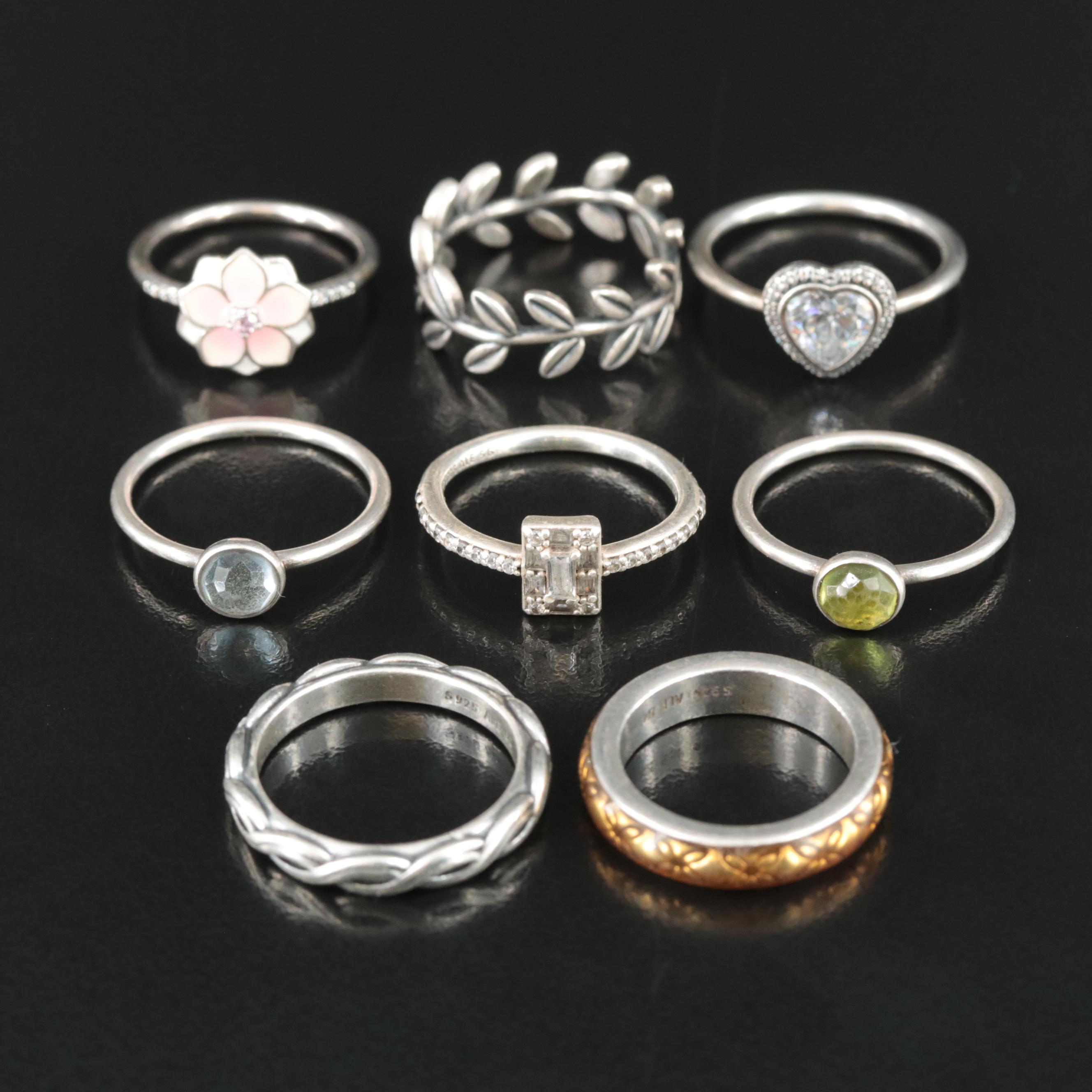 Pandora Sterling Ring Collection Featuring CZ, Peridot, and Enamel