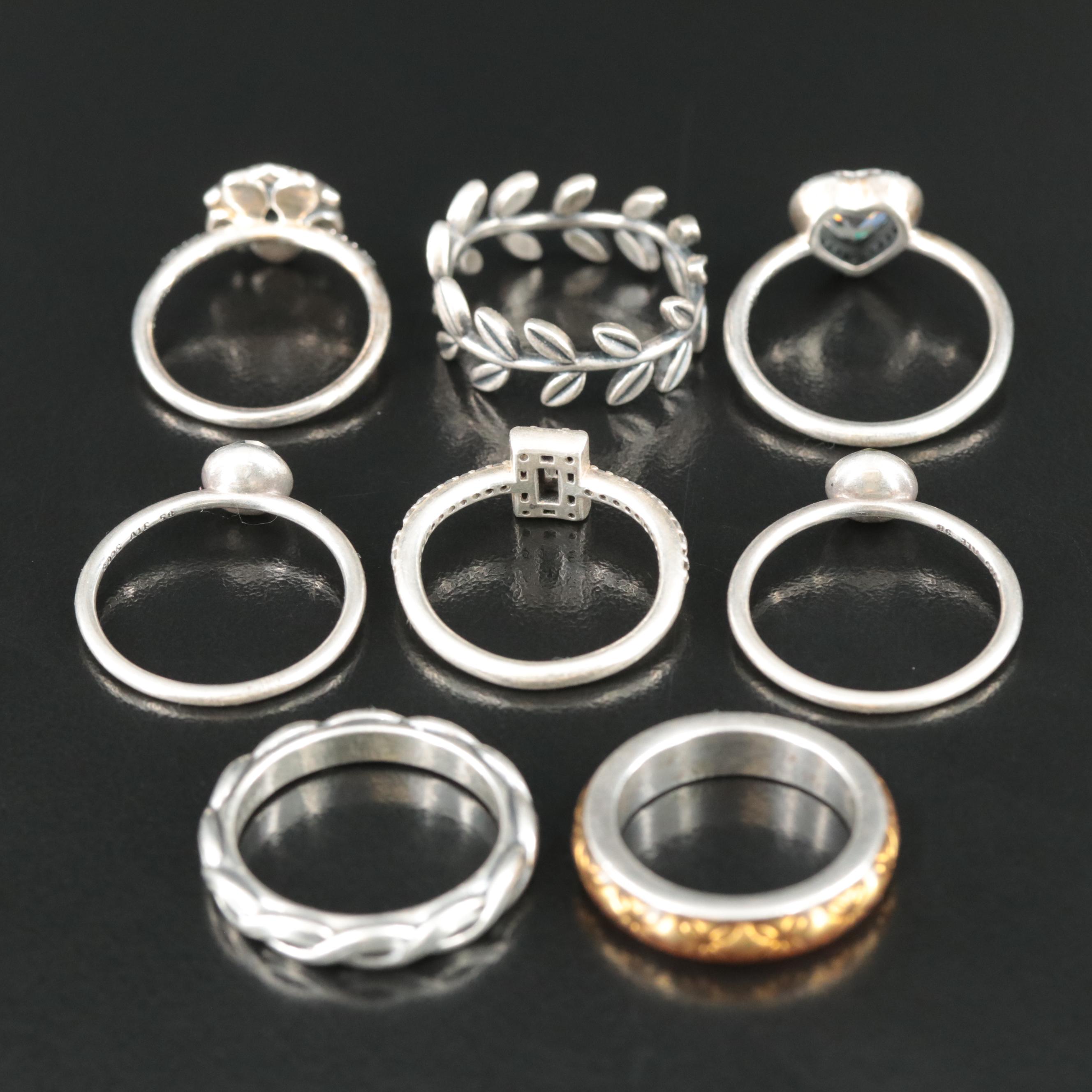 Pandora Sterling Ring Collection Featuring CZ, Peridot, and Enamel