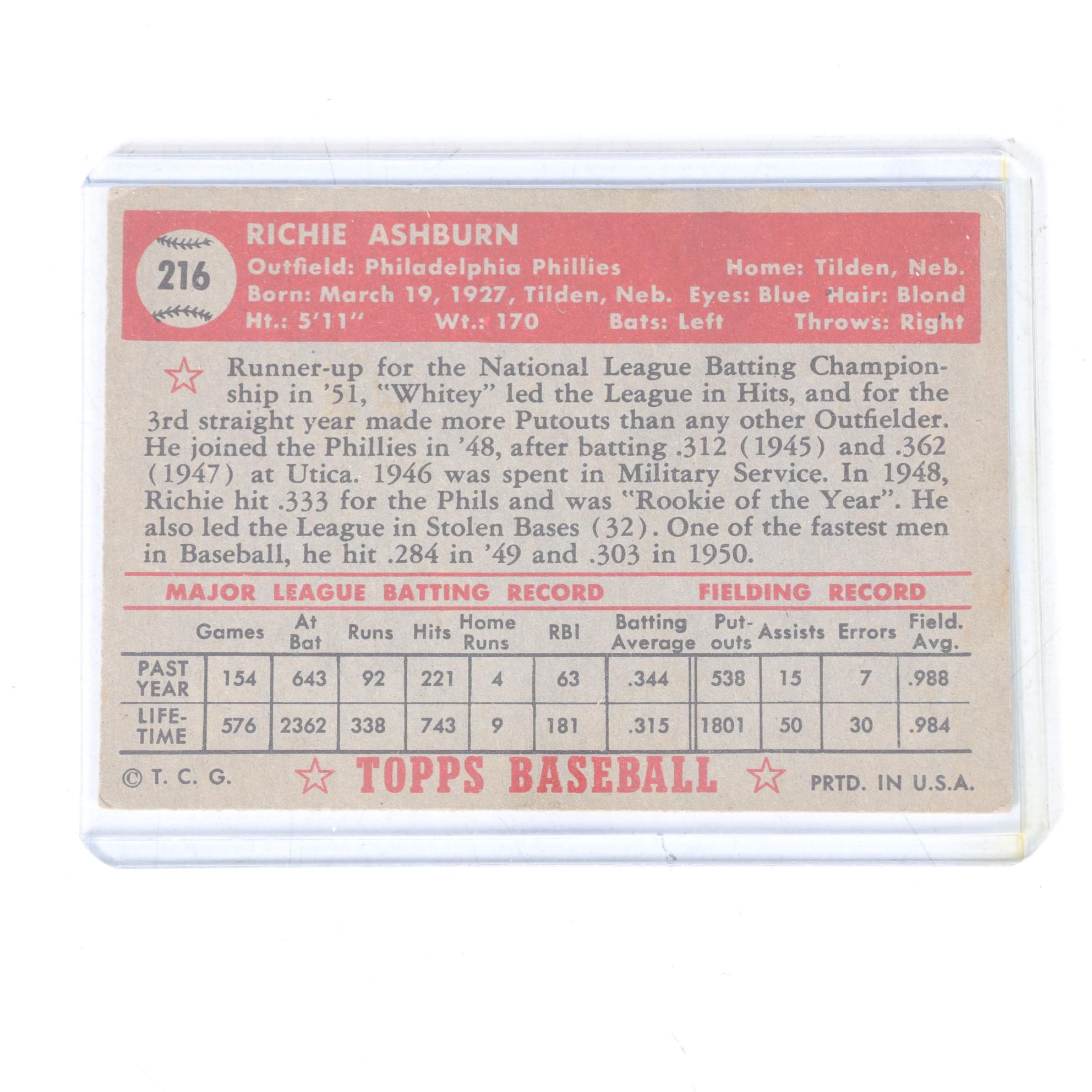 1952 Topps #216 Richie Ashburn and  #246 George Kell Baseball Cards