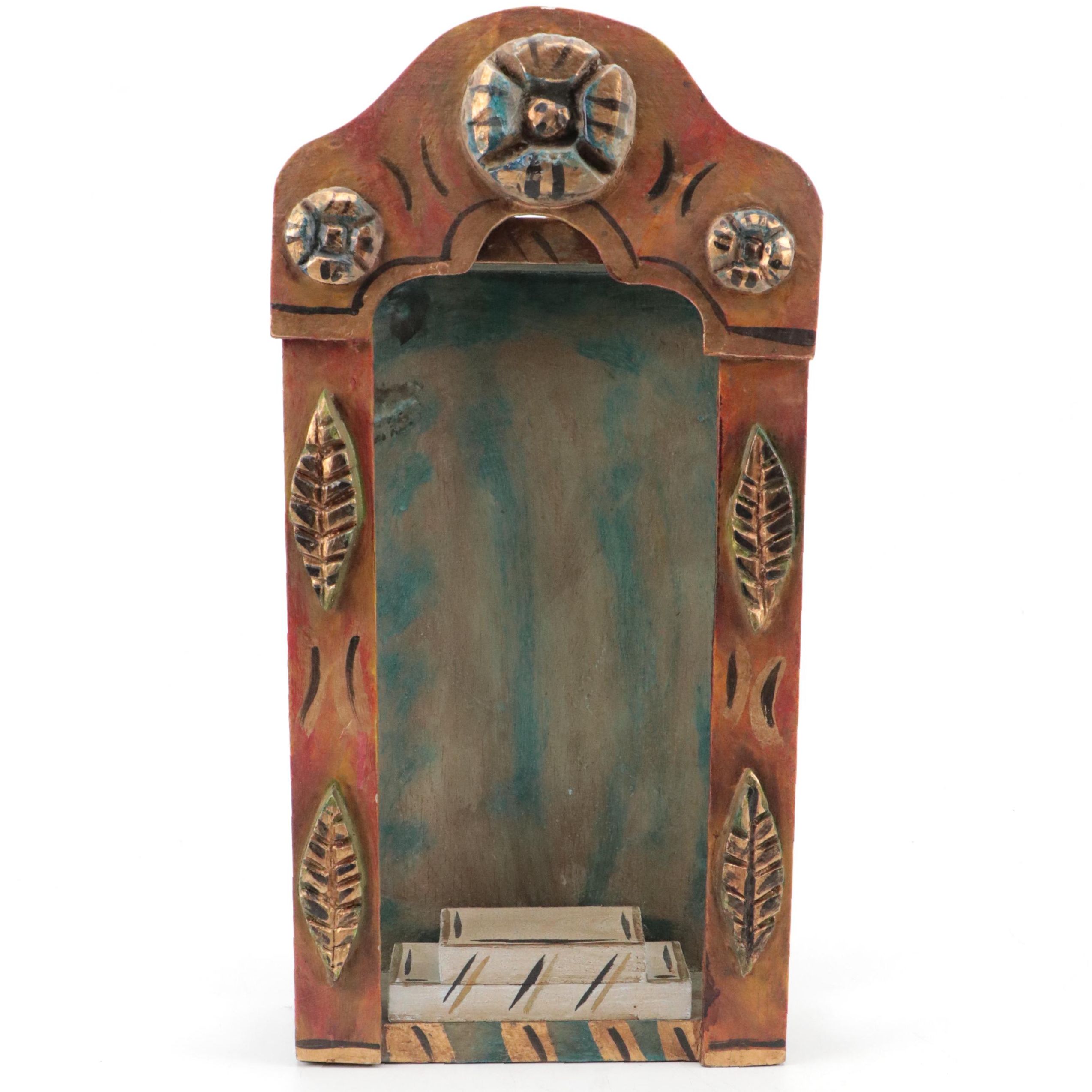 Mexican Folk Art Painted and Carved Wood Shrine