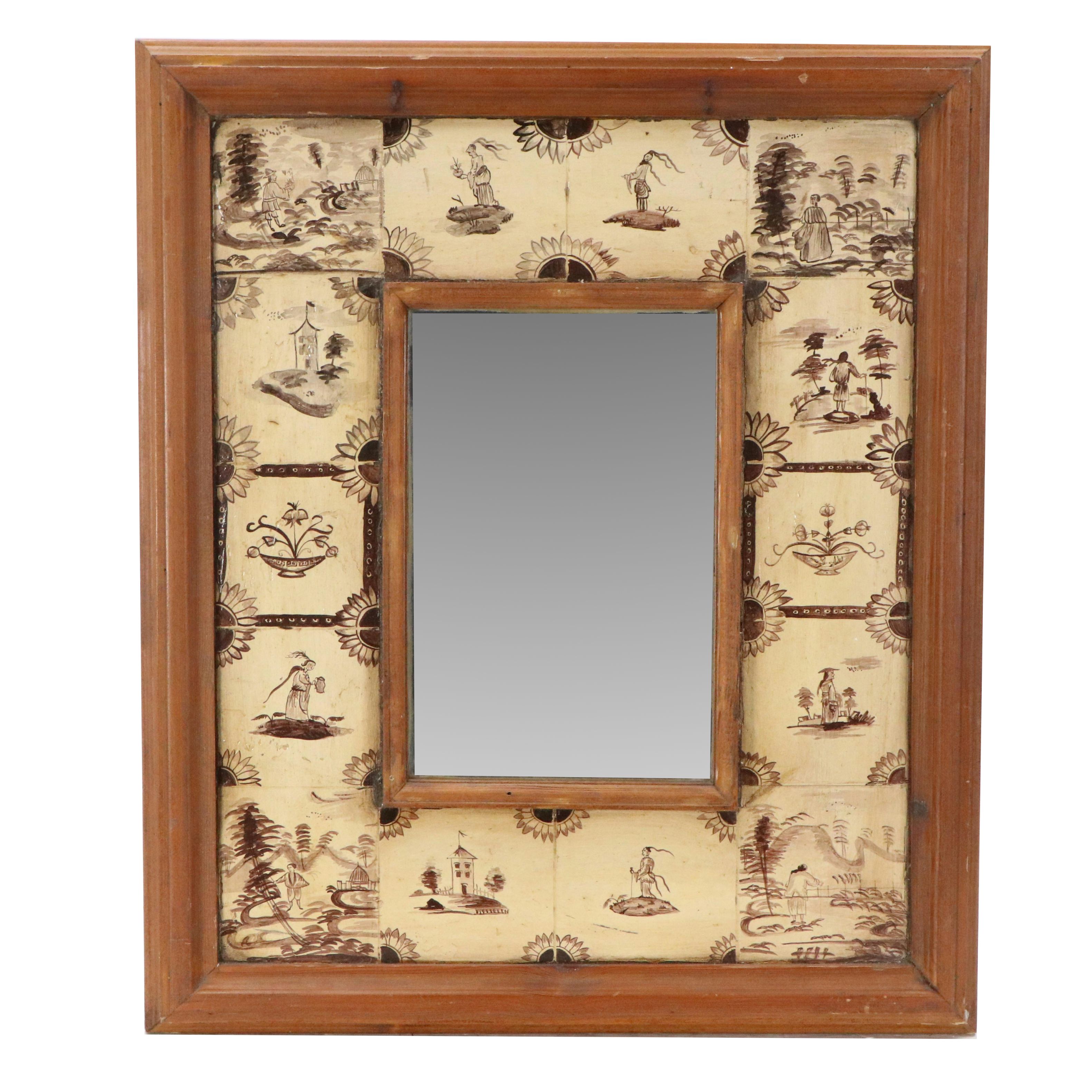 Continental HandPainted Ceramic Tile and Wood Wall Mirror, Late 19th