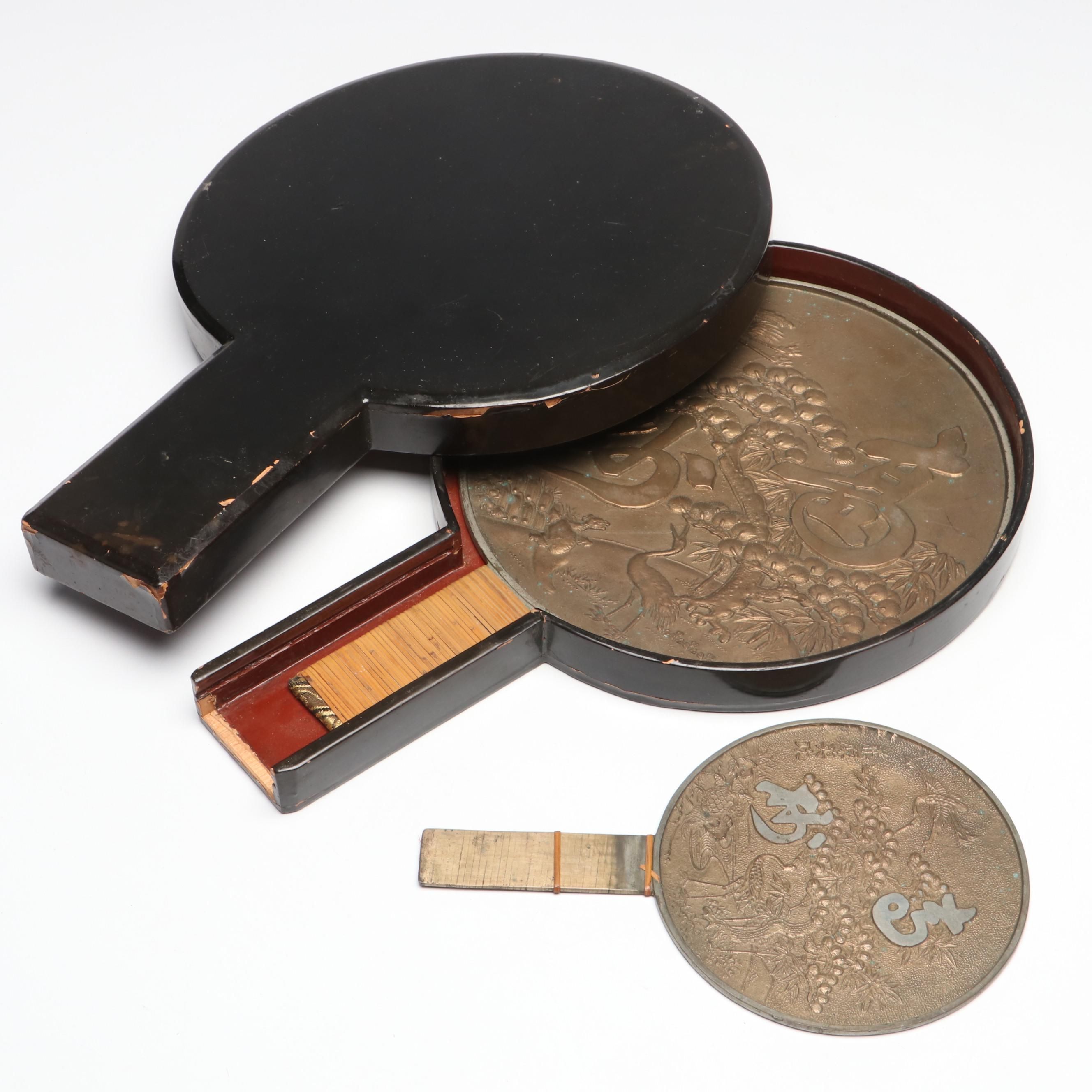 Japanese Bronze Water Mirrors with Lacquerware Storage Box