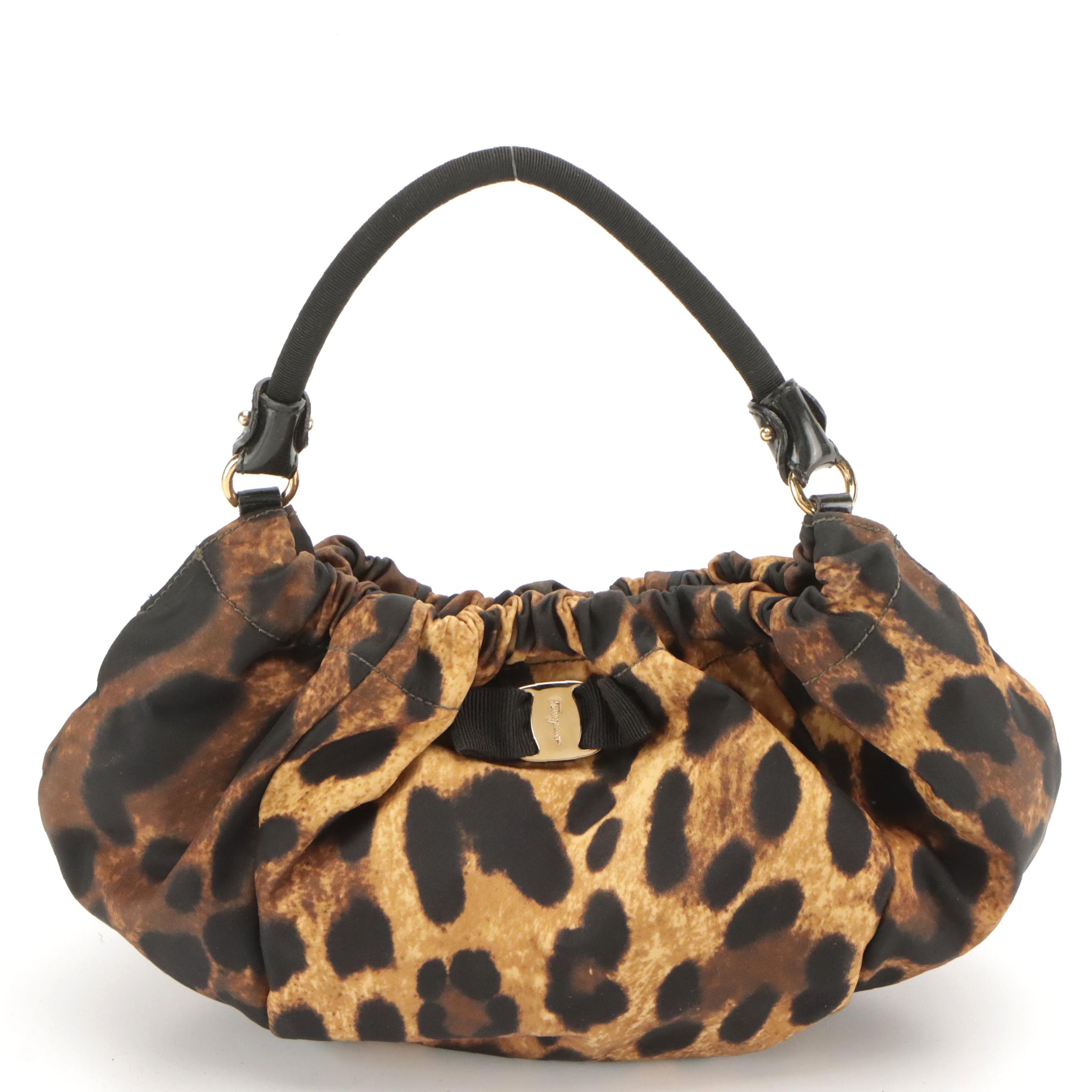 Salvatore Ferragamo Leopard Print Gathered Nylon Handbag
