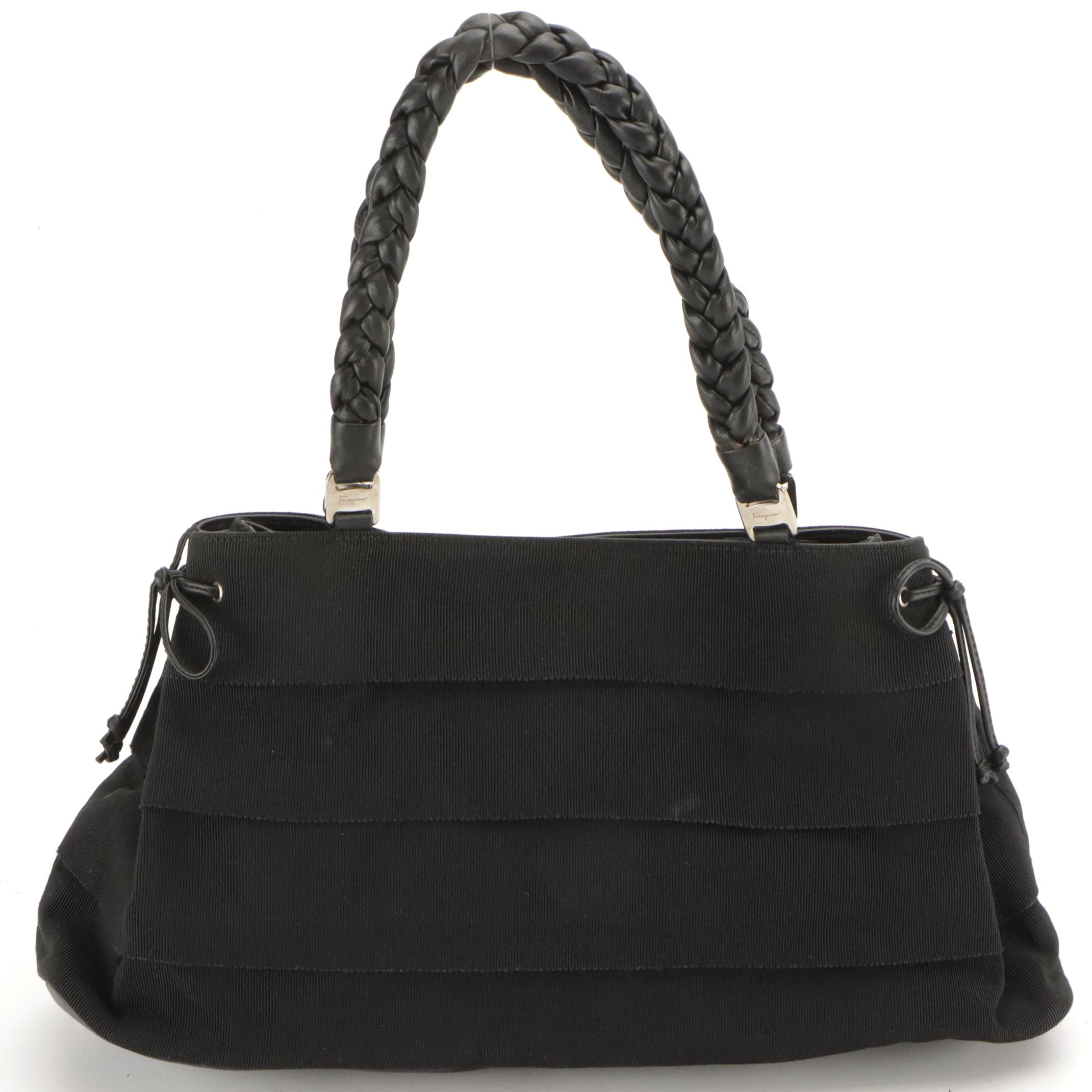 Salvatore Ferragamo Black Tiered Ribbon Braided Leather Top Handle Bag