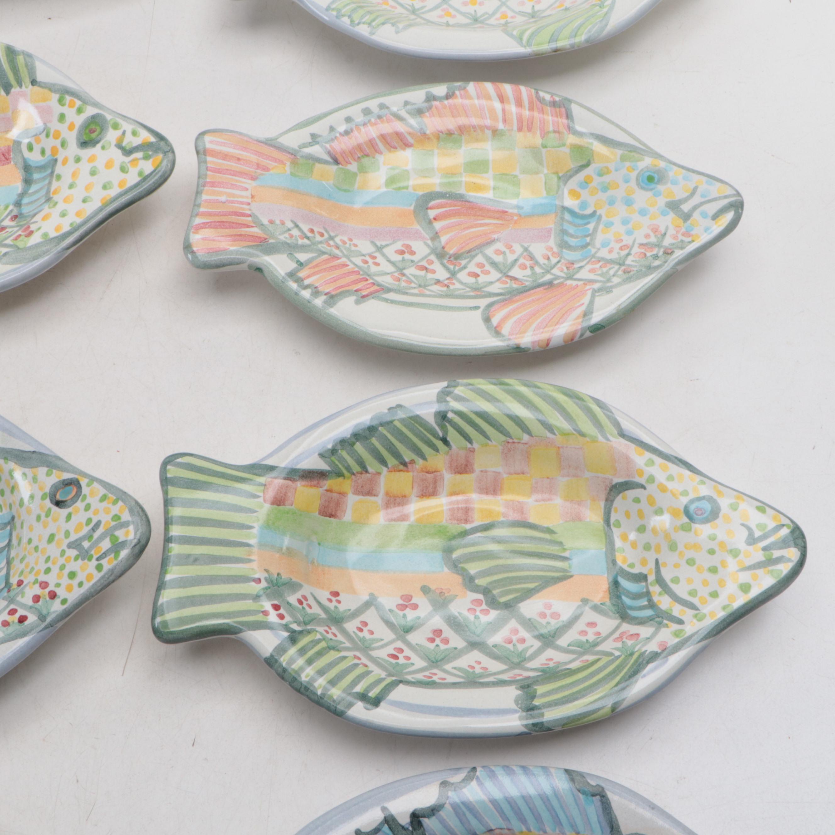 MacKenzie-Childs "Fish Story" Hand-Painted Ceramic Serving Platter and Dishes