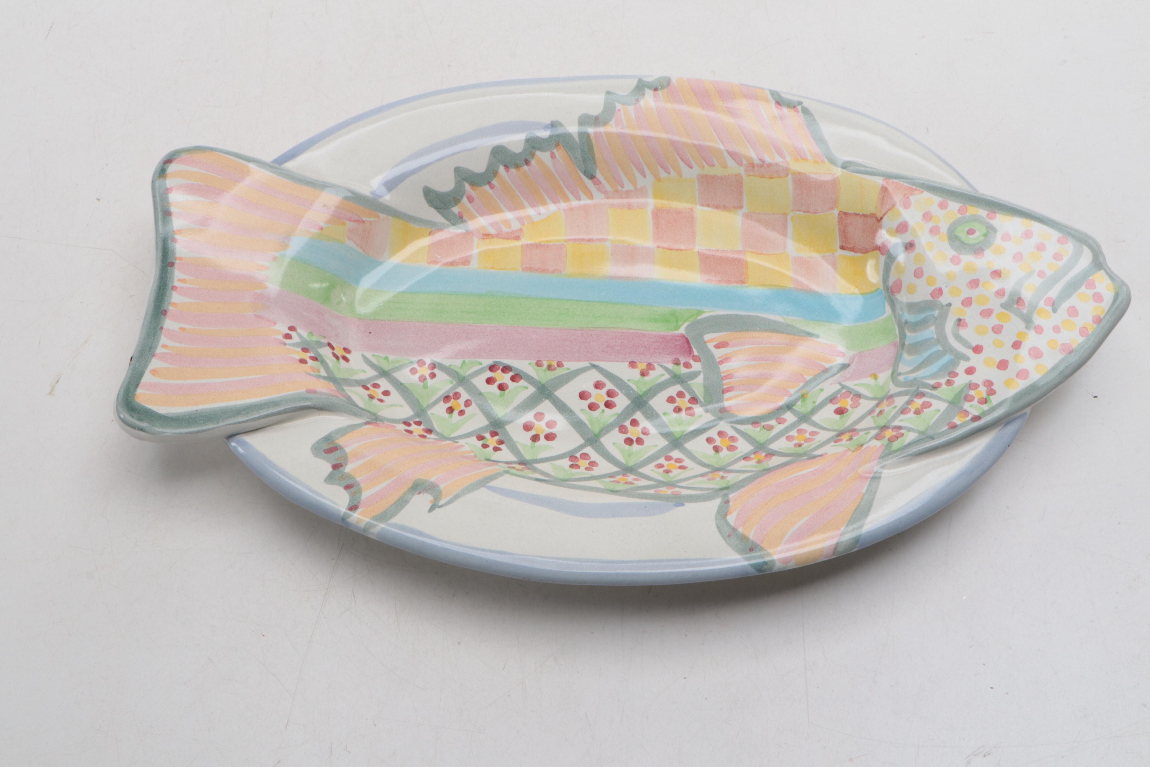 MacKenzie-Childs "Fish Story" Hand-Painted Ceramic Serving Platter and Dishes