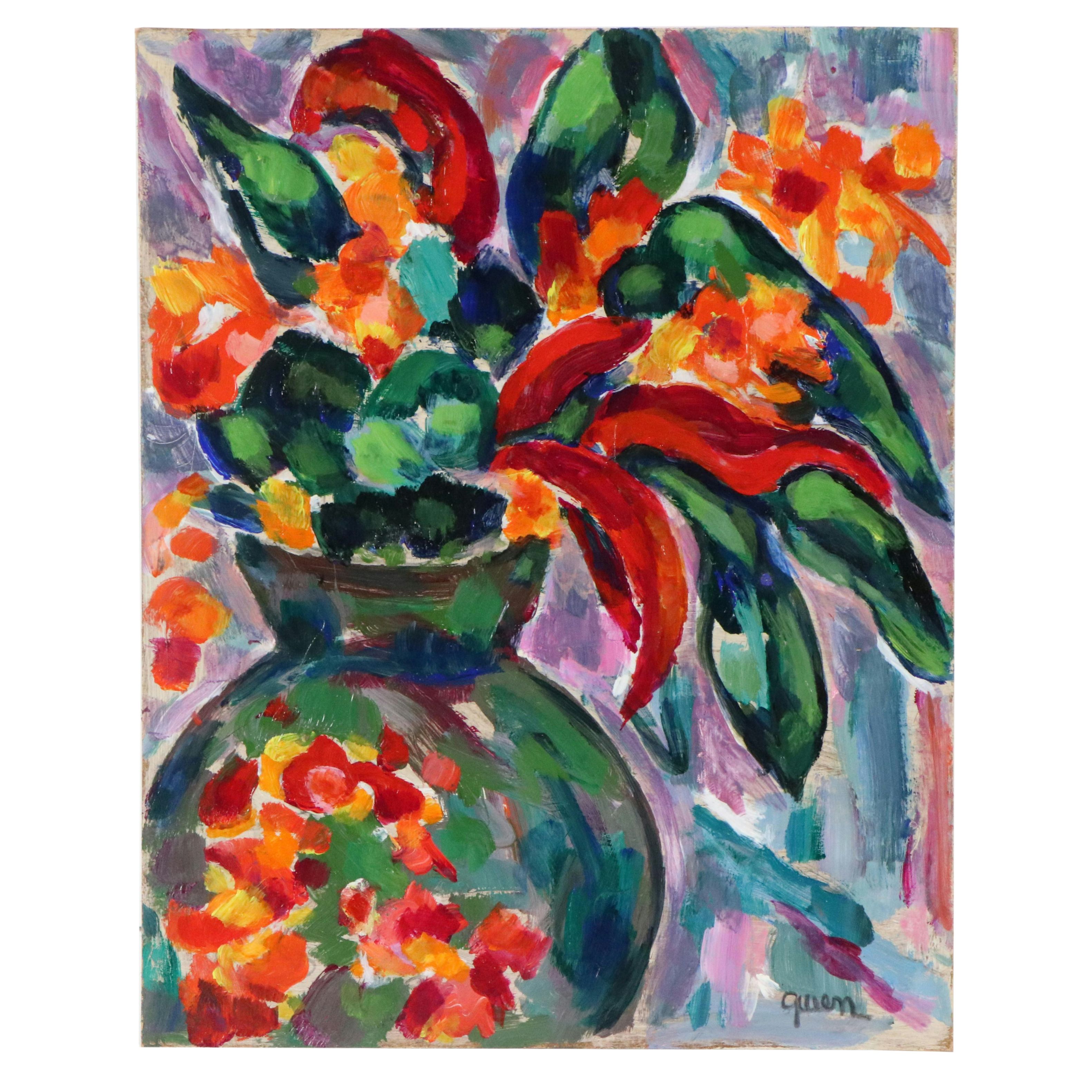 Gwen Doppler Modernist Floral Still Life Acrylic Painting "Red Flowers," 2000