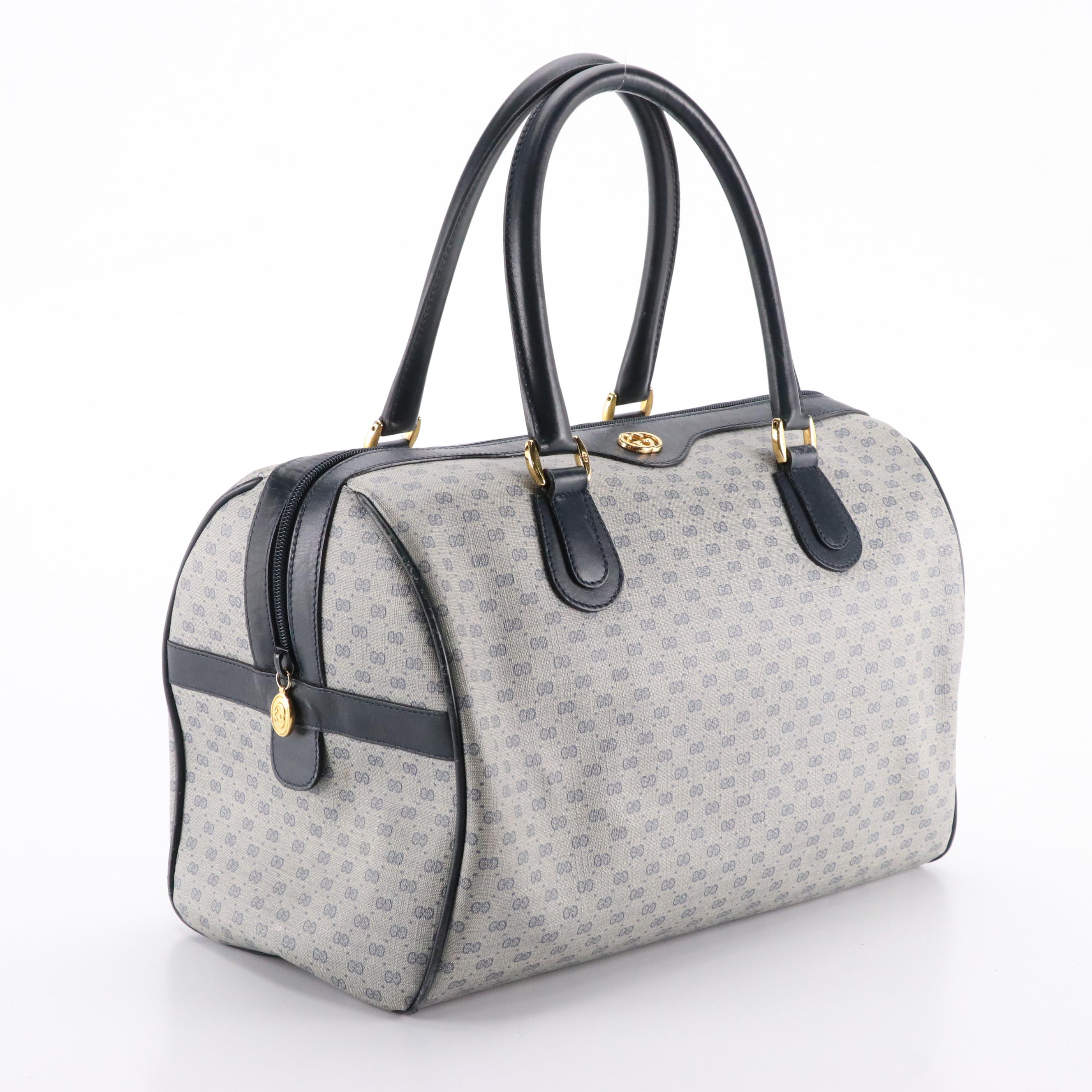 Gucci Boston Bag in Navy Blue Micro GG Canvas and Leather