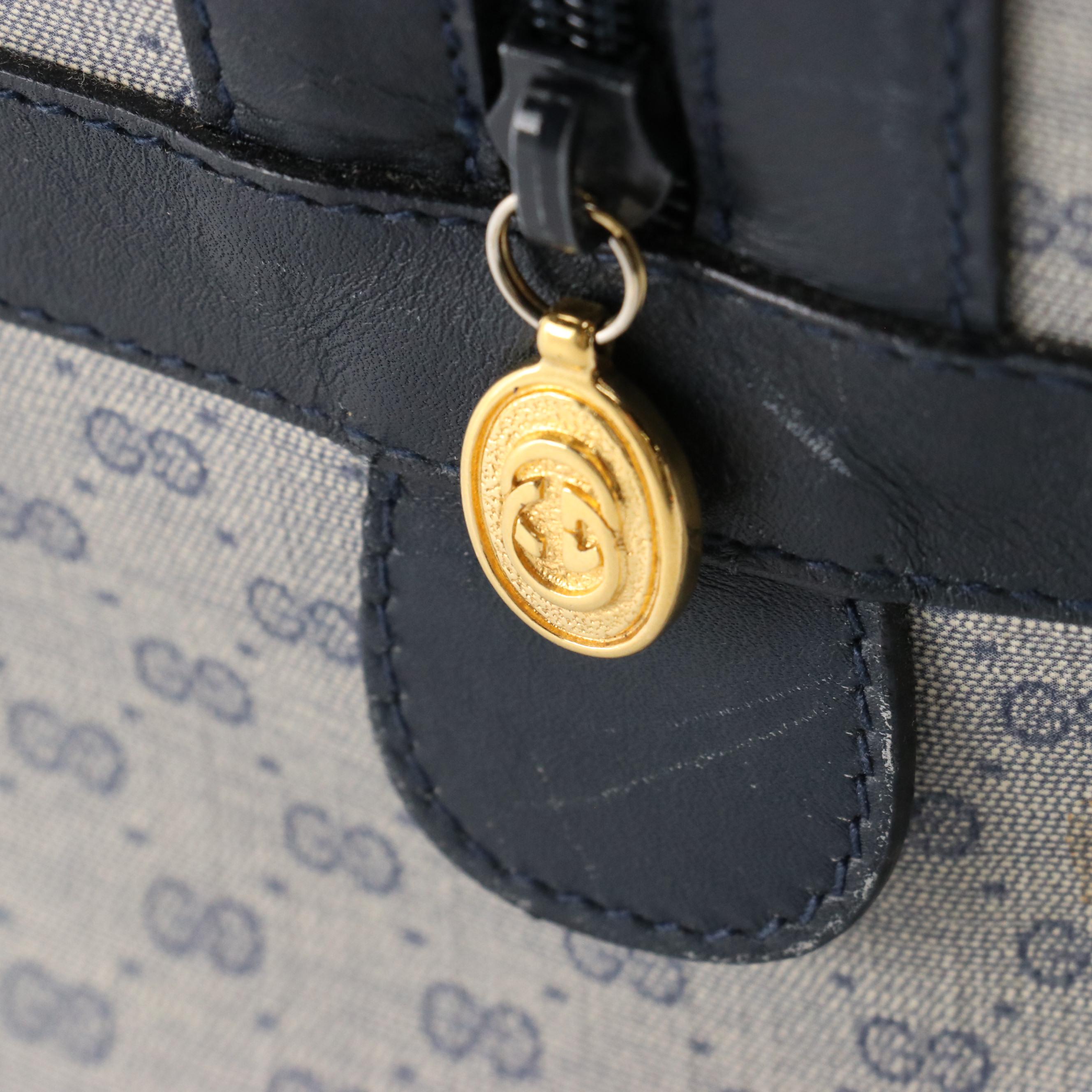 Gucci Boston Bag in Navy Blue Micro GG Canvas and Leather