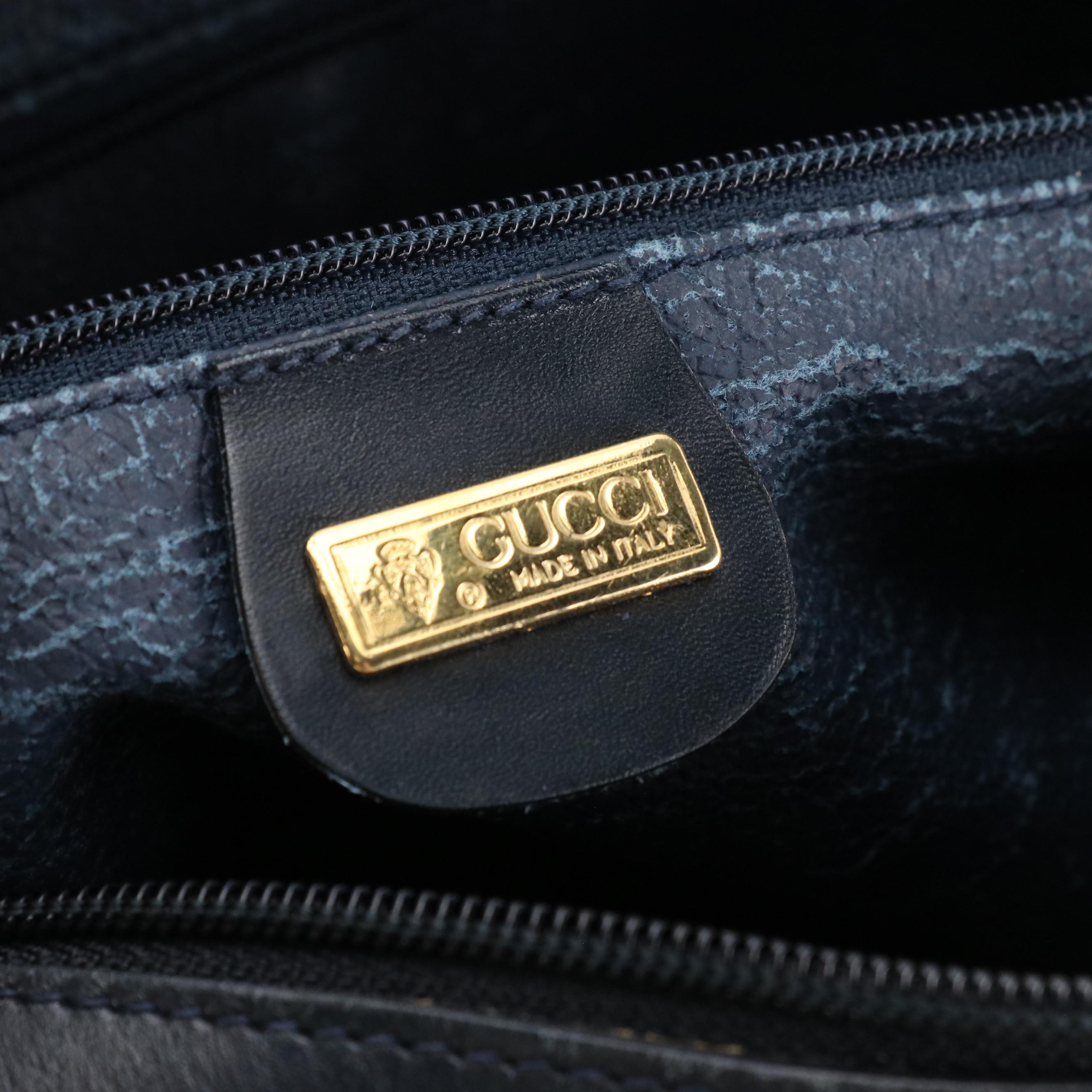 Gucci Boston Bag in Navy Blue Micro GG Canvas and Leather